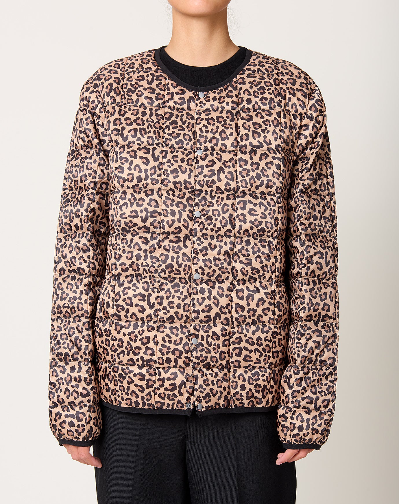 Taion Oversize Crew Neck Down Jacket in Khaki Leopard