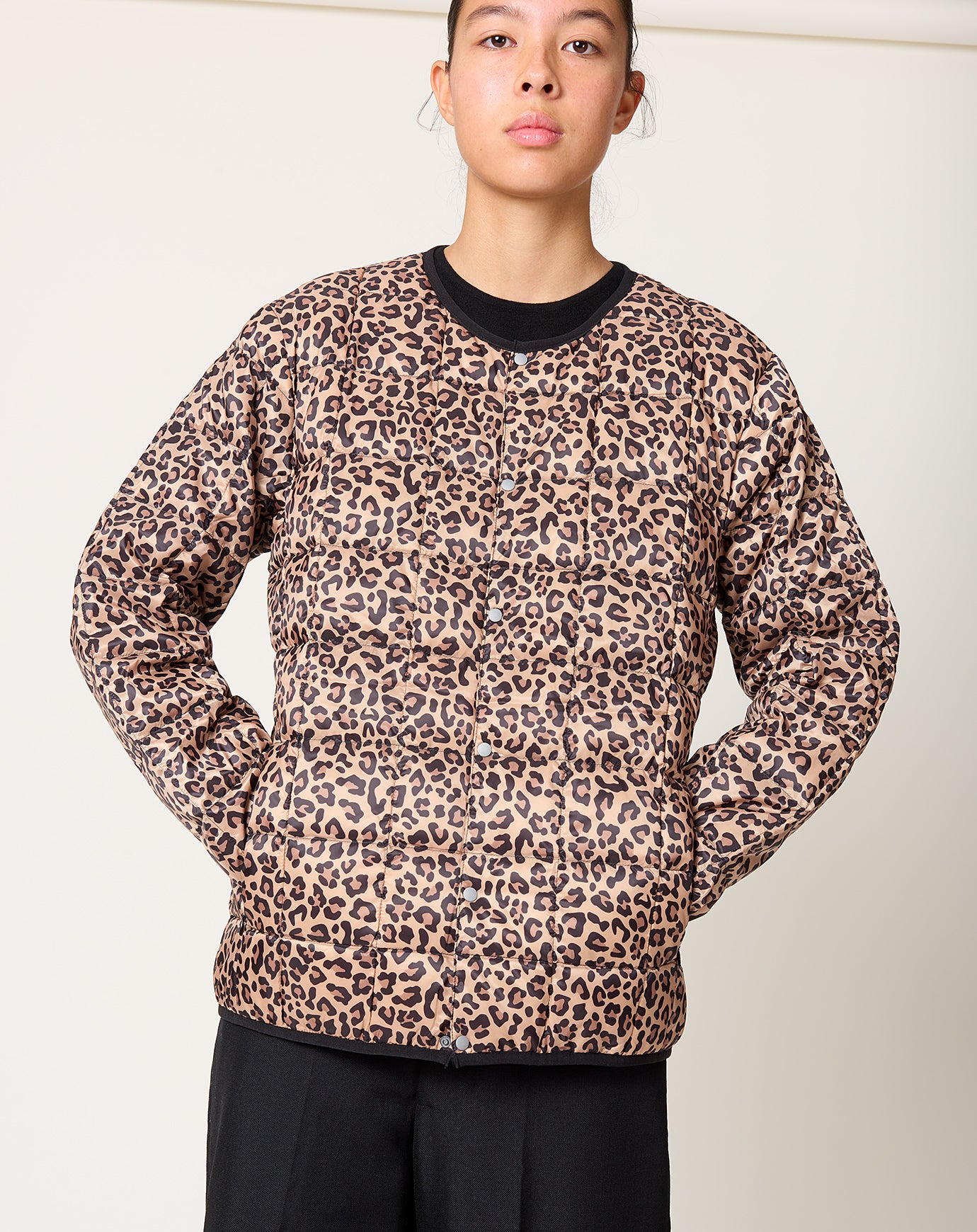 Taion Oversize Crew Neck Down Jacket in Khaki Leopard