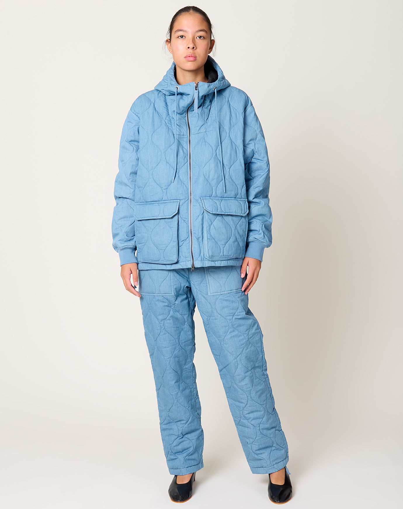 Taion Military Down Hoodie in Blue Denim