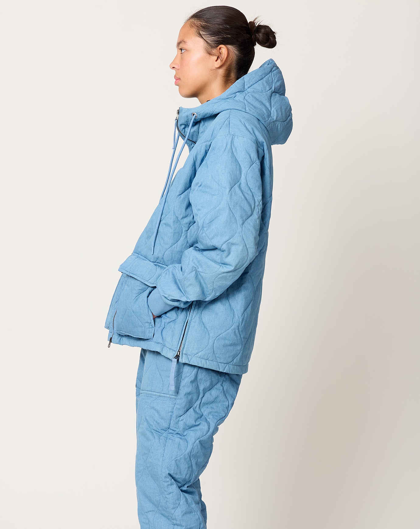 Taion Military Down Hoodie in Blue Denim