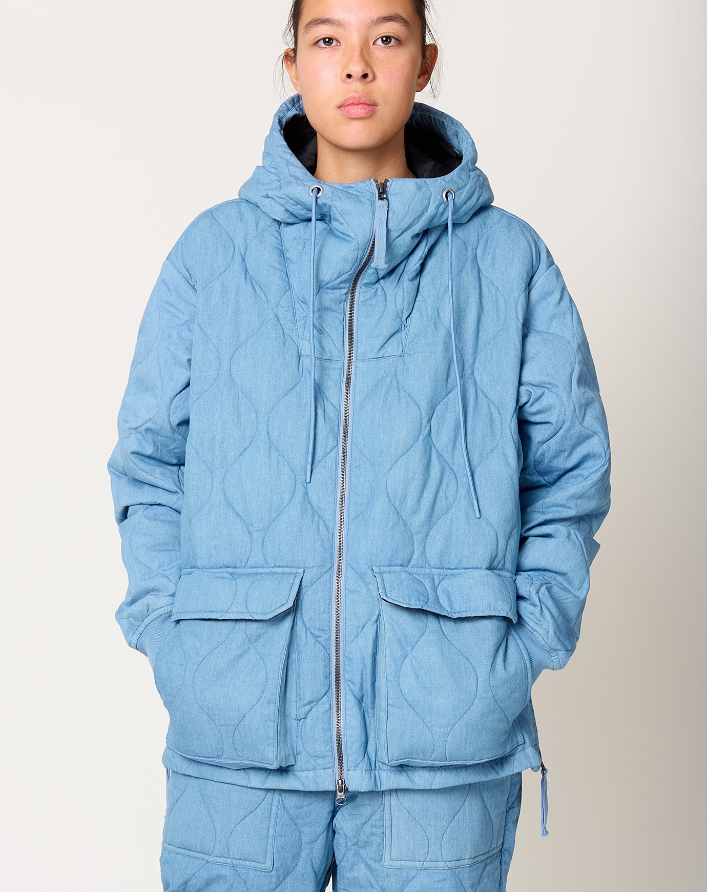 Taion Military Down Hoodie in Blue Denim