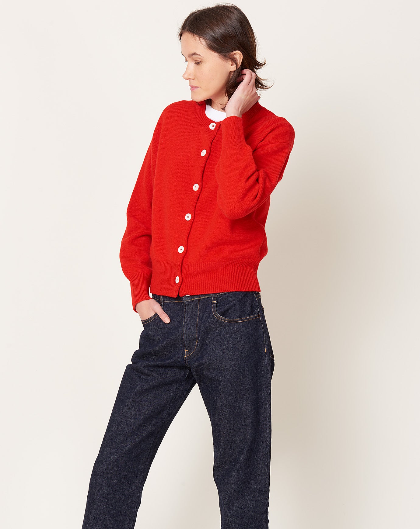 &Daughter Ada Crewneck Cardigan in Poppy Red