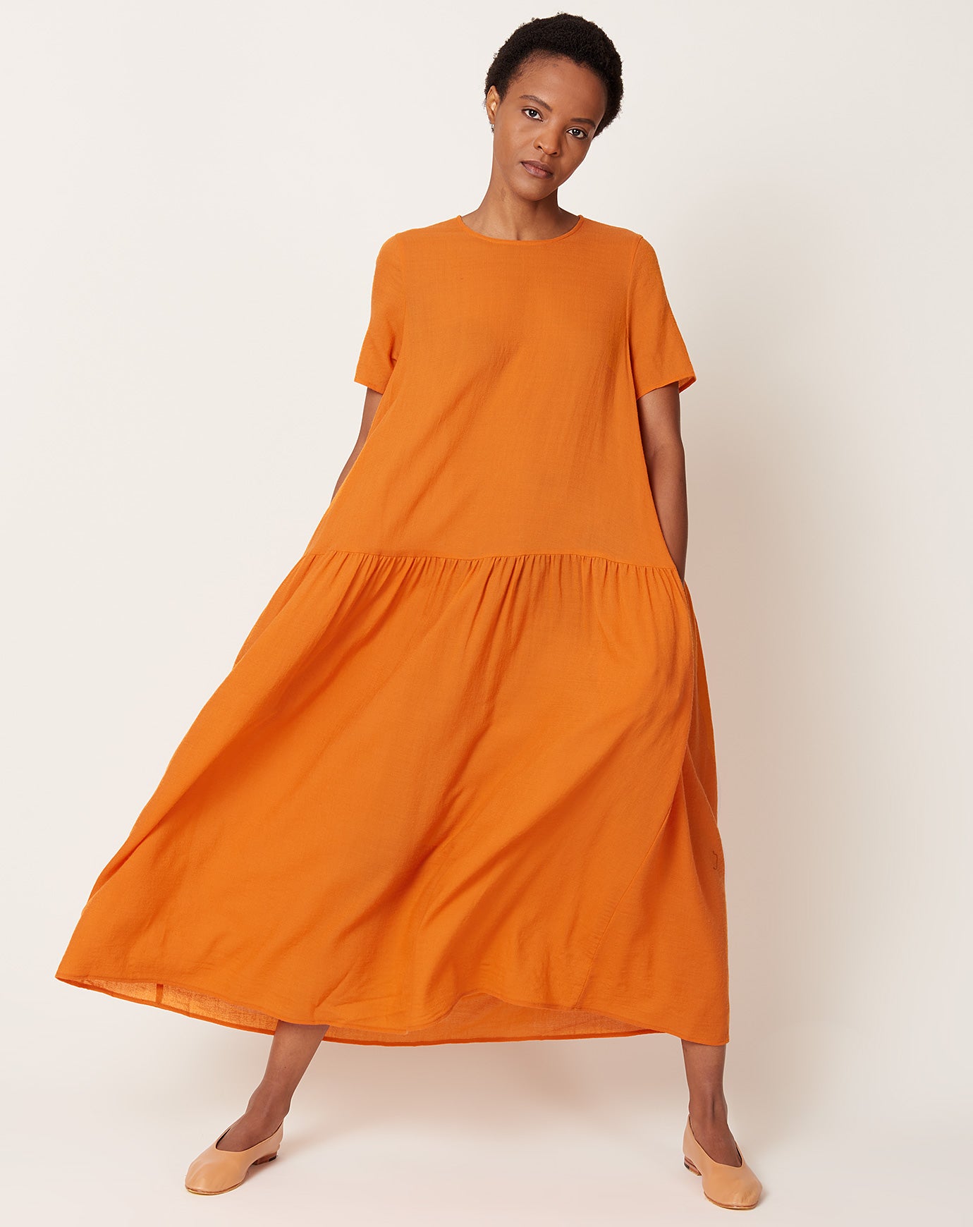 apuntob Drop Waist Dress in Clementine Wool Gauze