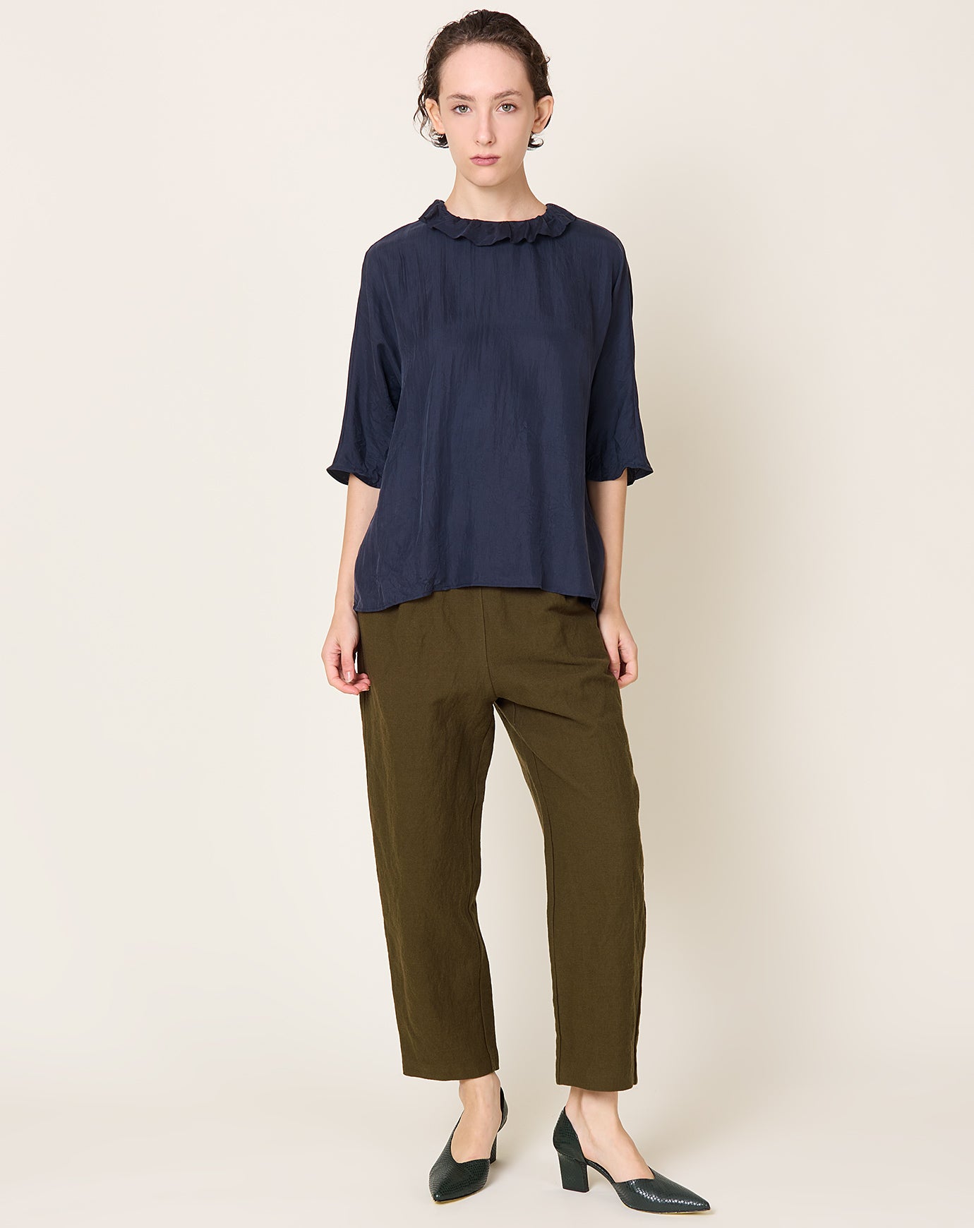 apuntob Ruffle Neck Silk Top in Blue