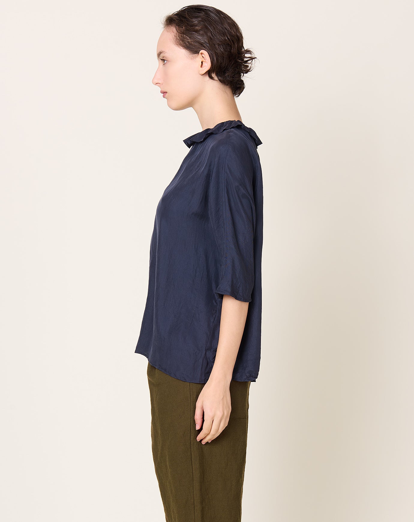 apuntob Ruffle Neck Silk Top in Blue