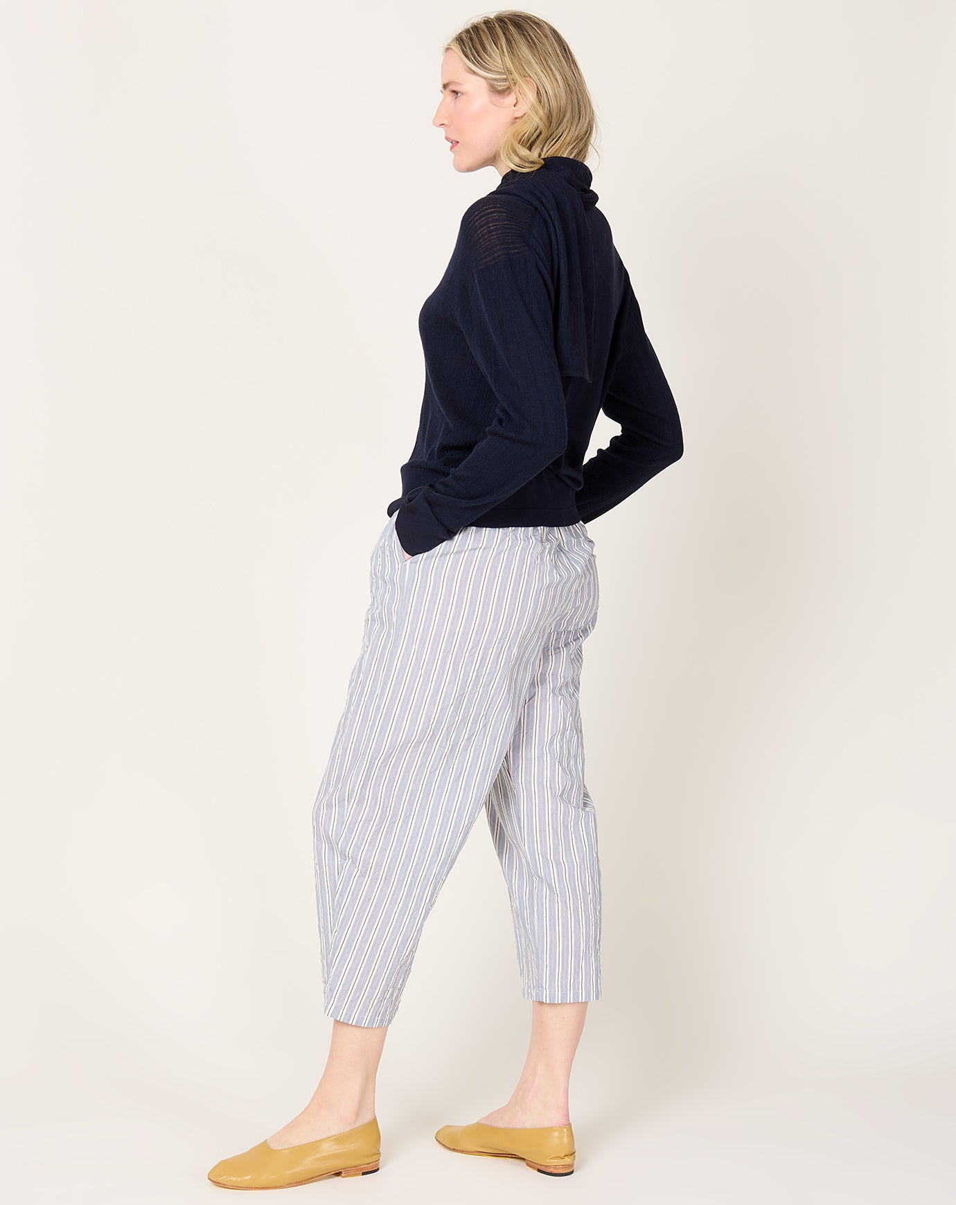 apuntob Striped Crinkle Curved Leg Trouser in Abyss