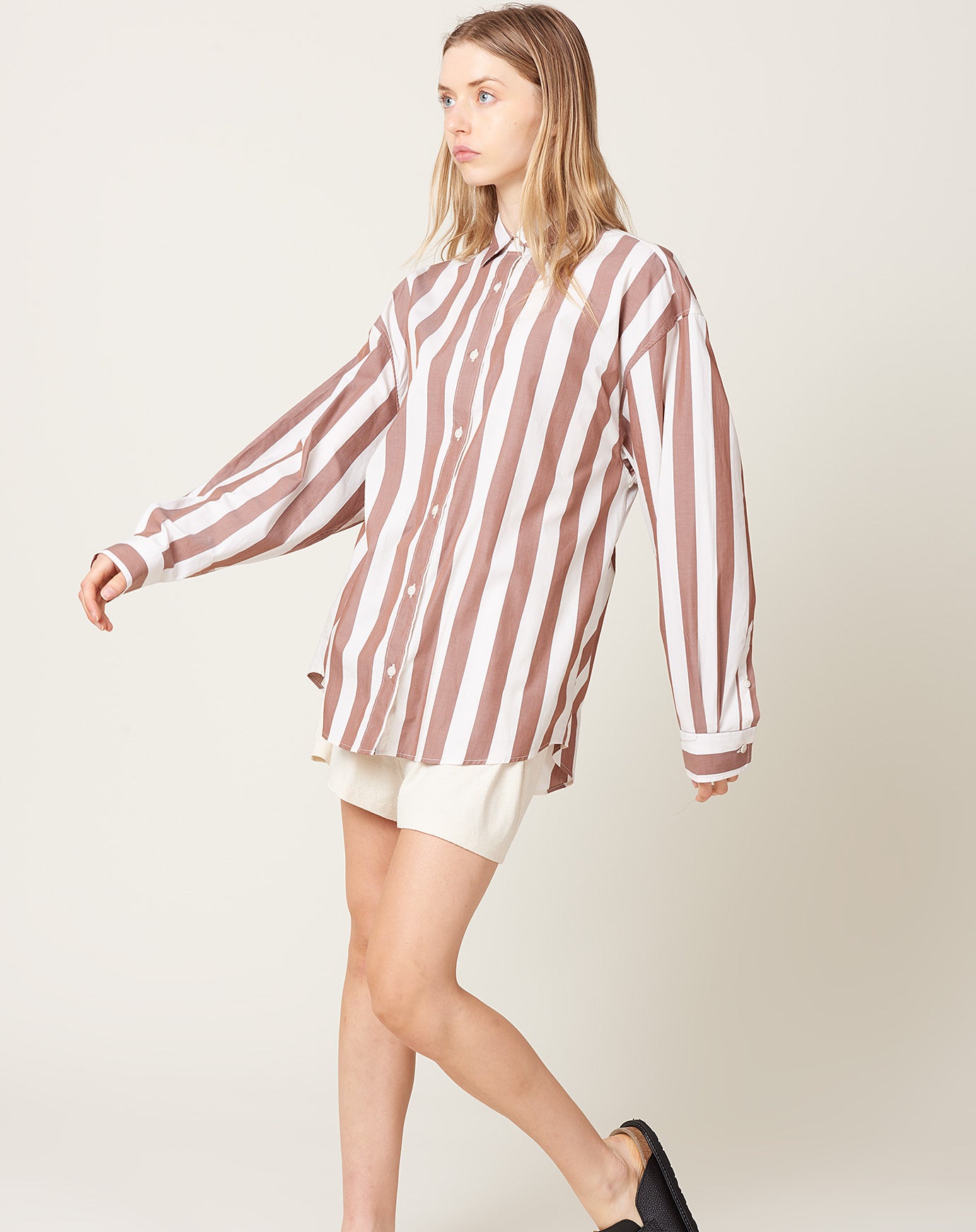 Baserange Loose Ole Shirt in Brown & White Stripe