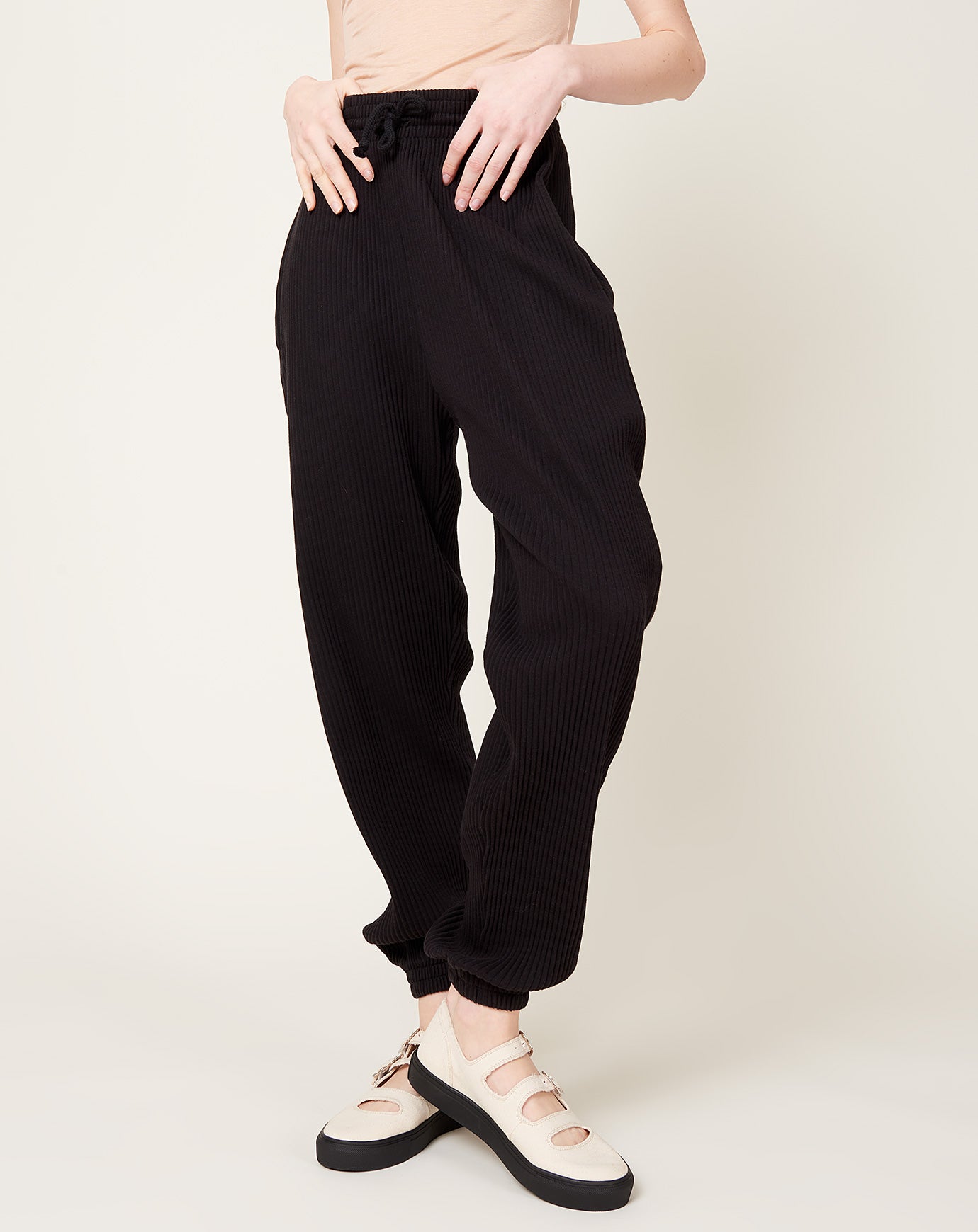 Baserange Sweat Pants in Black Fleece Rib