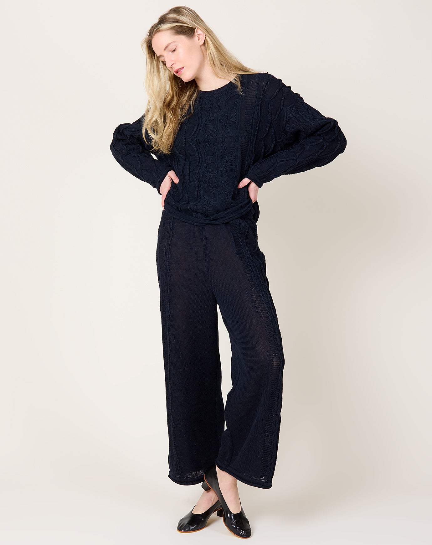 Black Crane Cable Knit Pants in Dark Navy