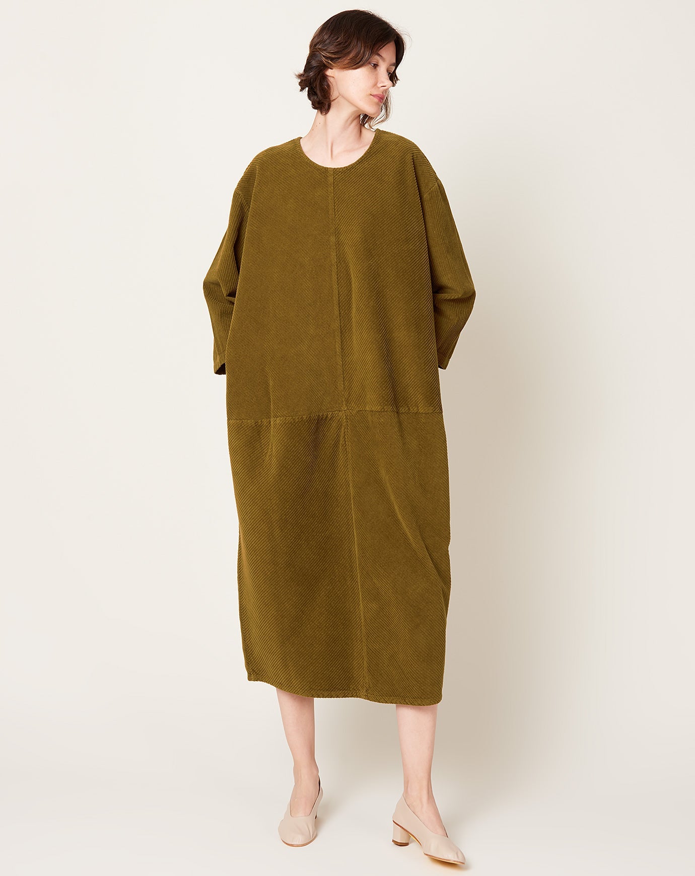 Black Crane Corduroy Radiant Dress in Dark Olive