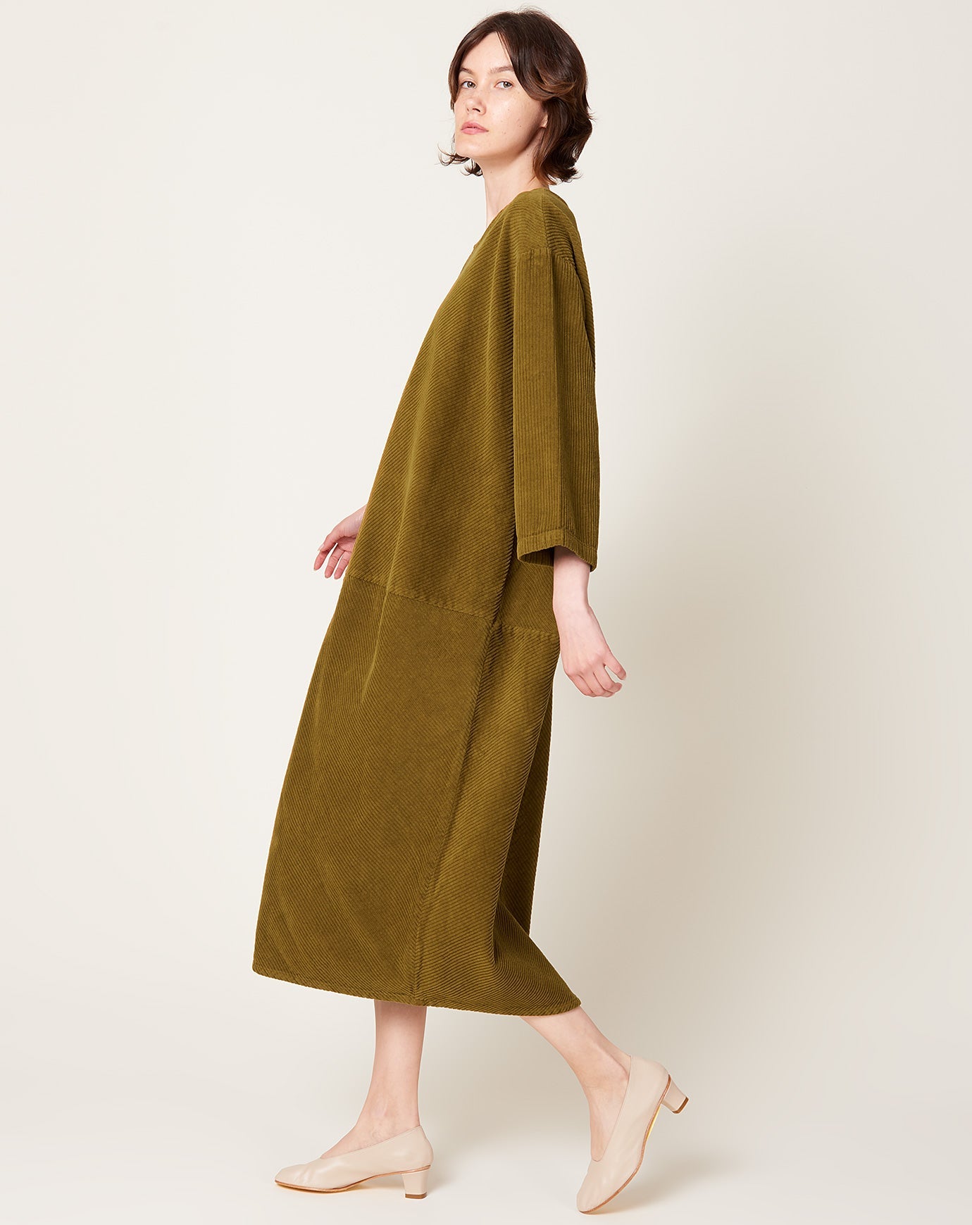 Black Crane Corduroy Radiant Dress in Dark Olive