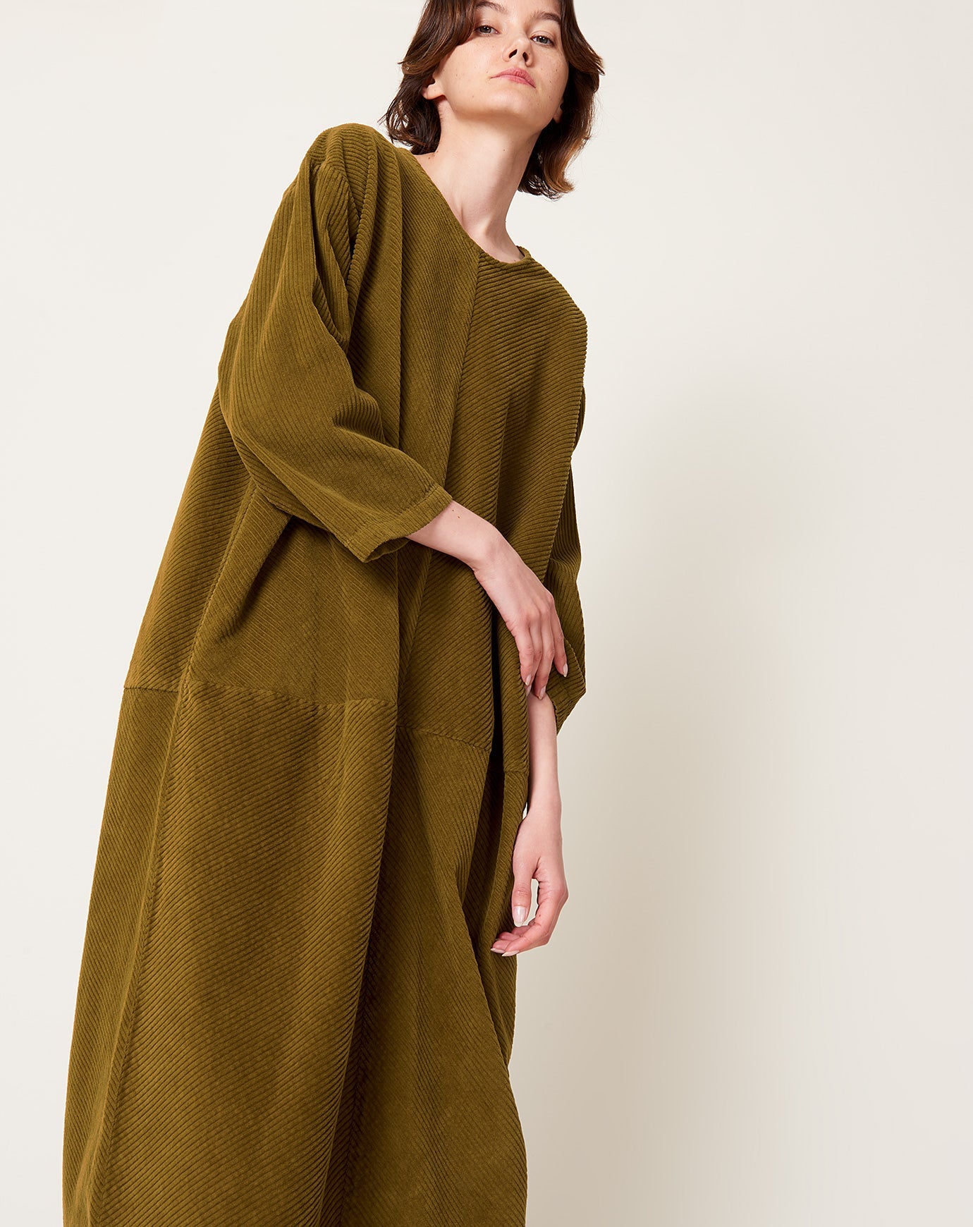 Black Crane Corduroy Radiant Dress in Dark Olive