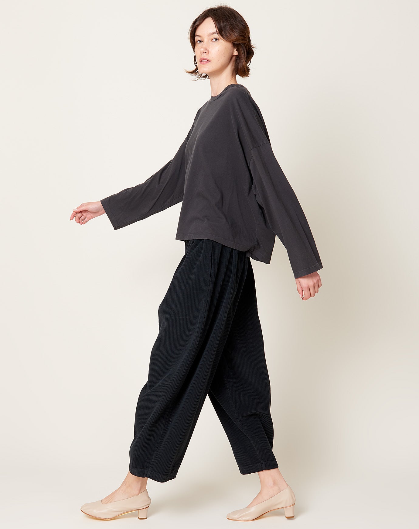 Black Crane Corduroy Wide Pants in Dark Grey