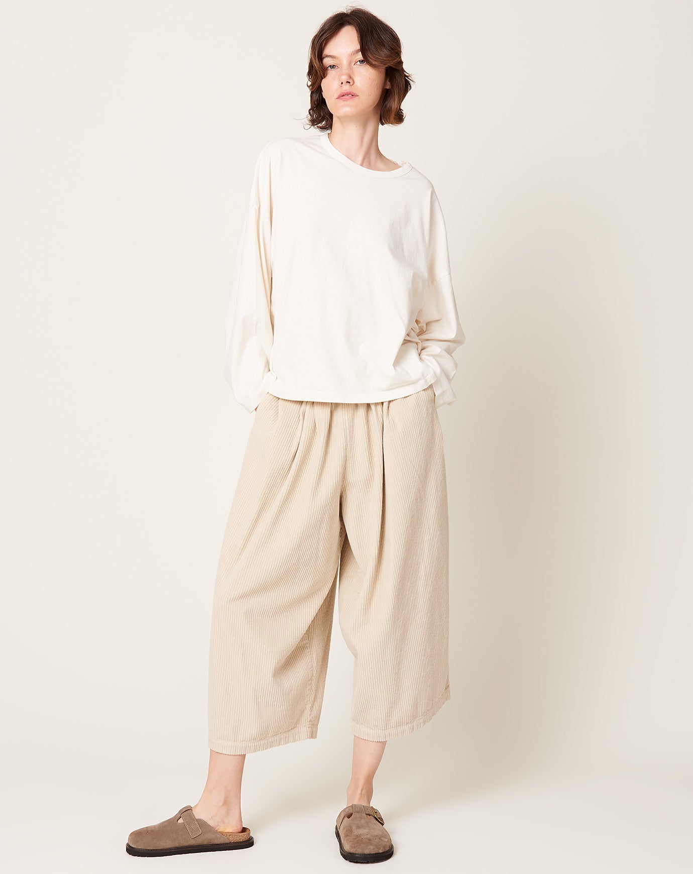 Black Crane Corduroy Wide Pants in Ivory