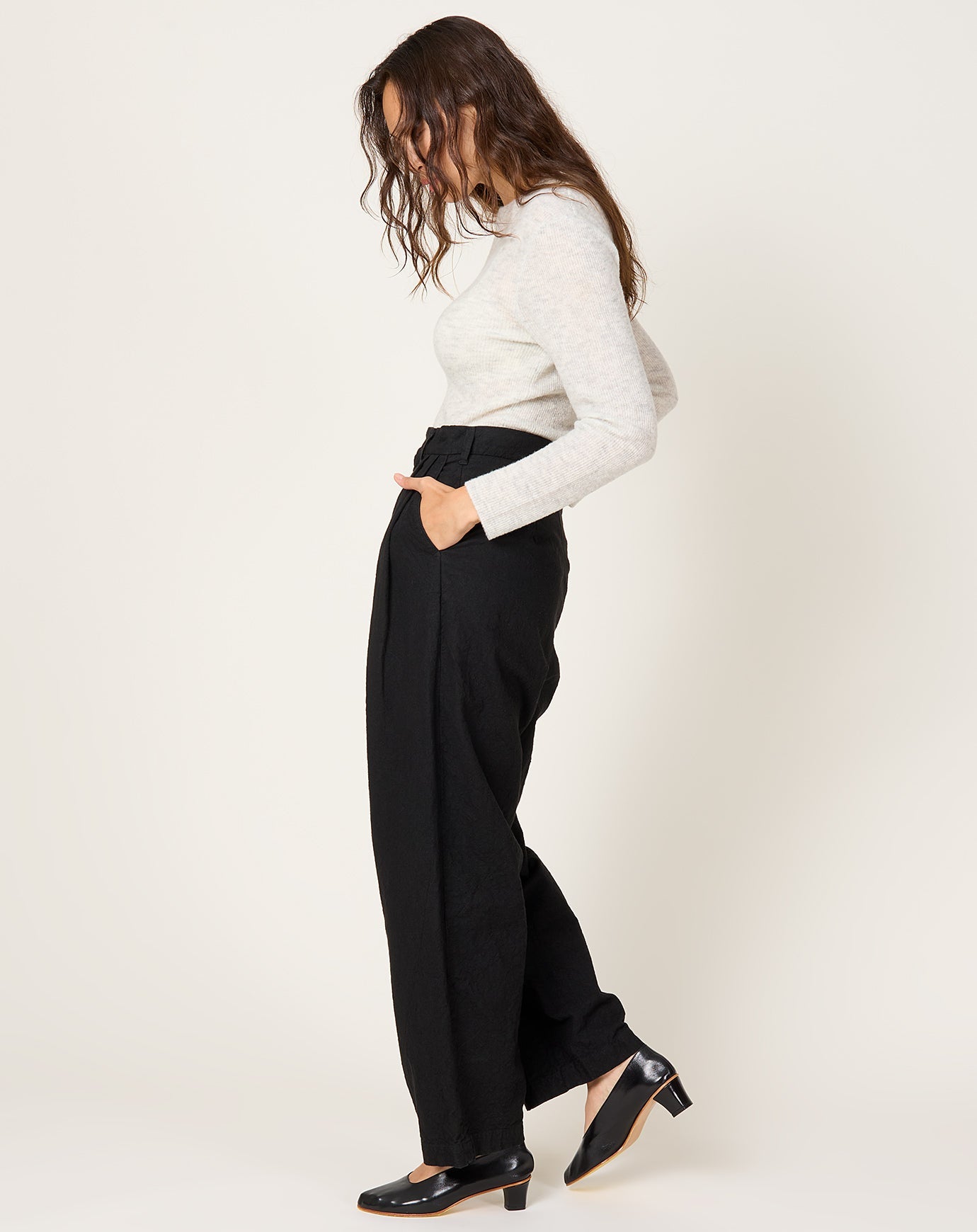 Black Crane Crinkled Trouser in Black