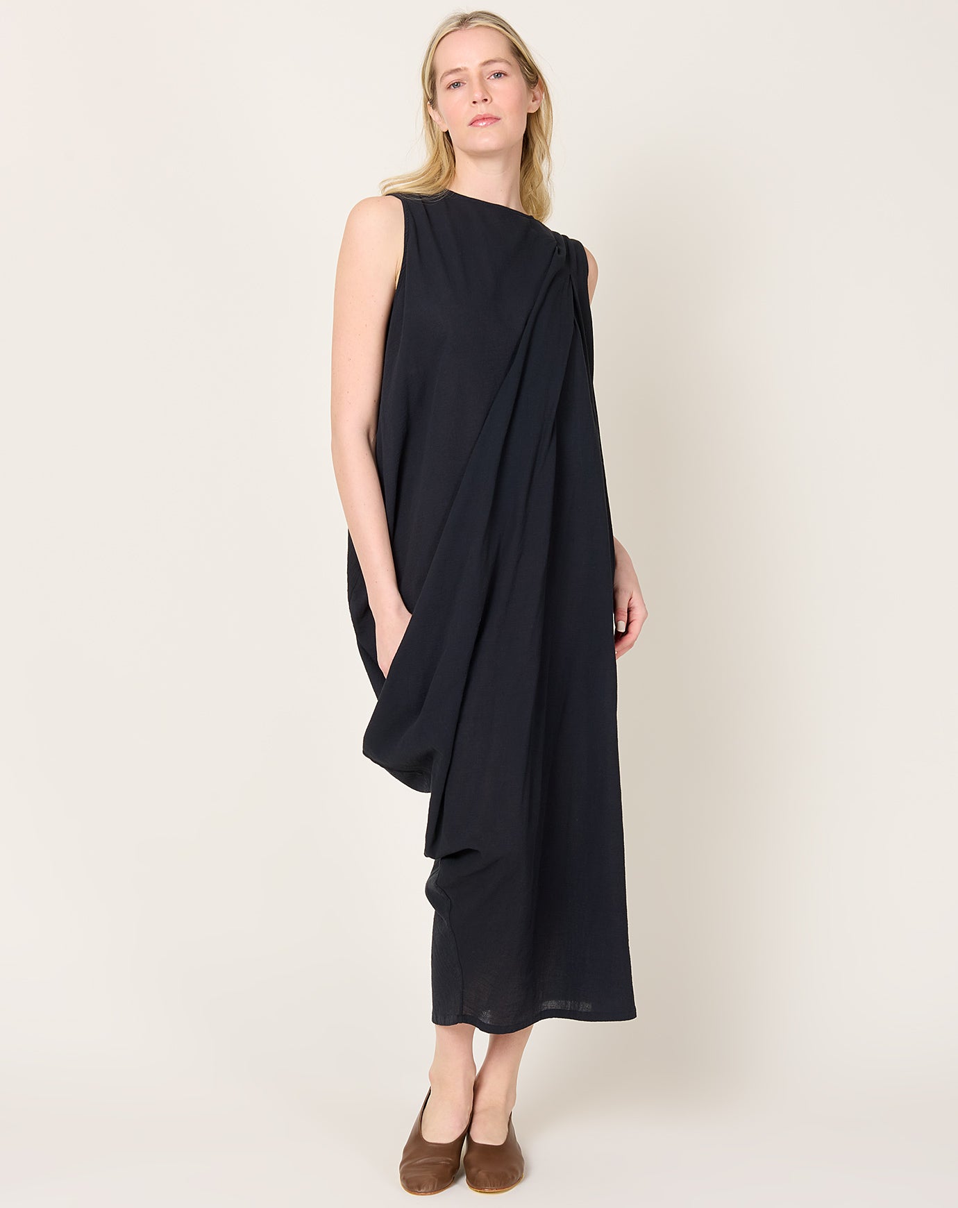Black Crane Greek Column Dress in Sumi Black