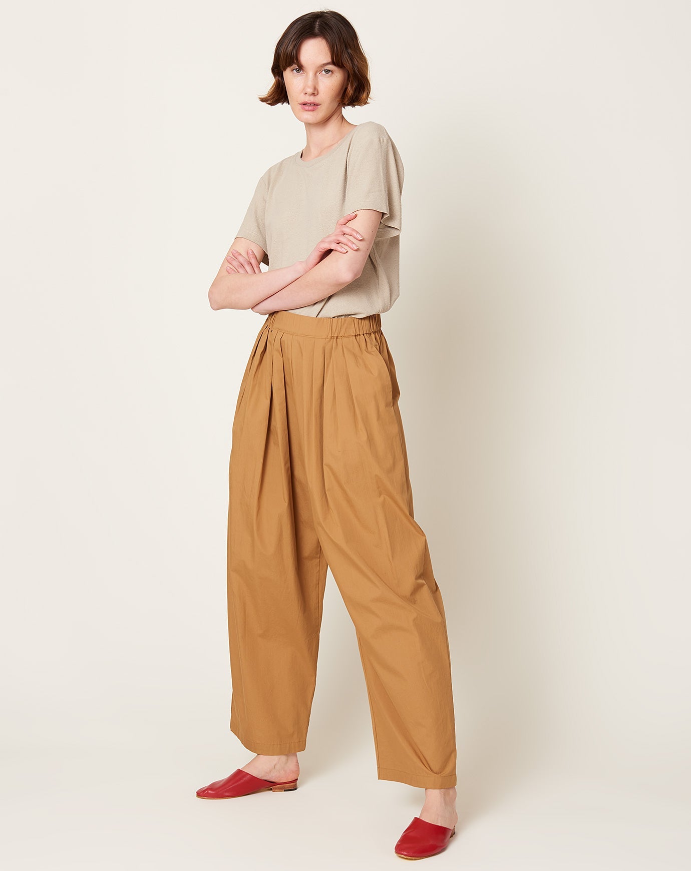 Black Crane Straight Draped Pants in Camel