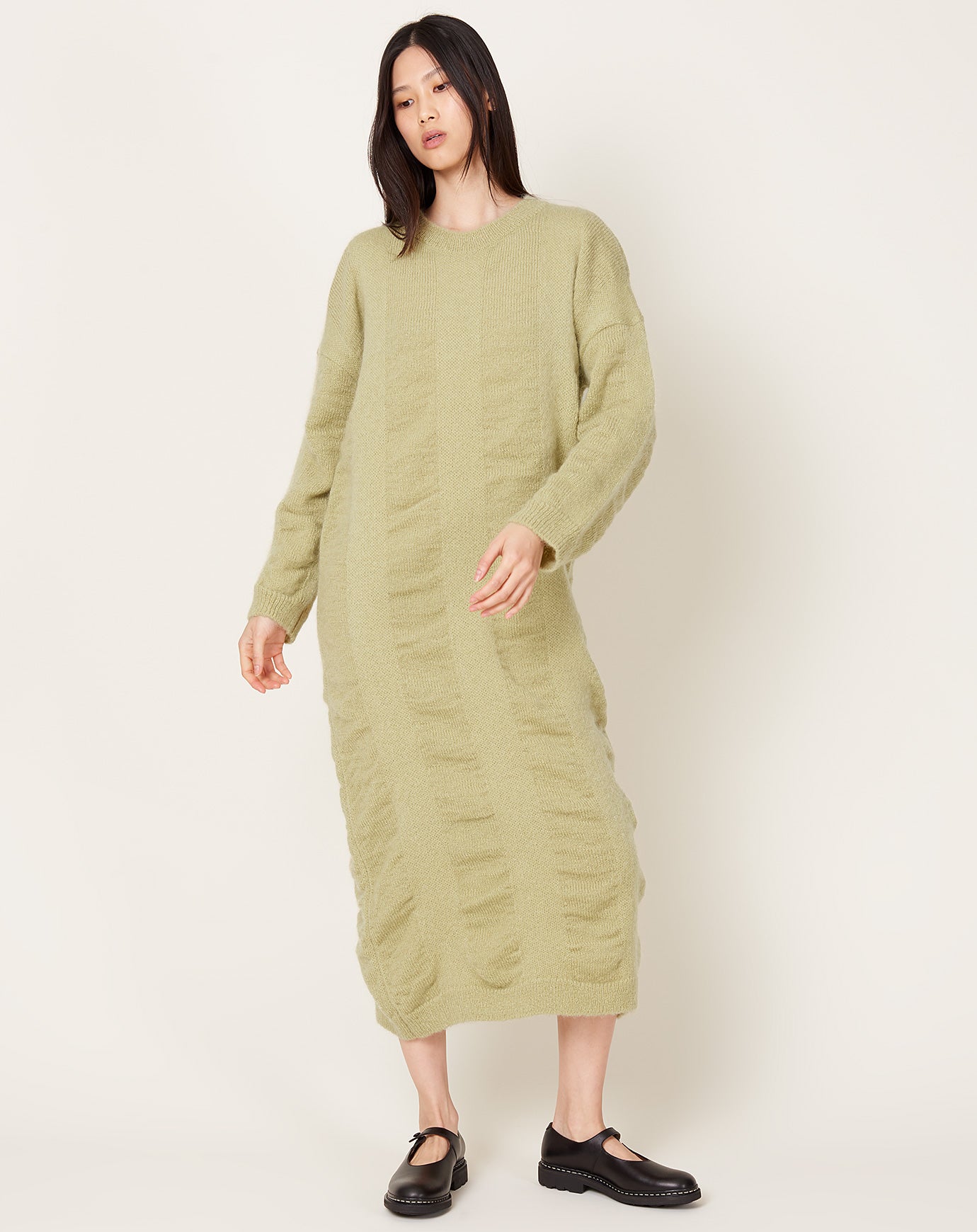 Black Crane Waterfall Knit Dress in Lime