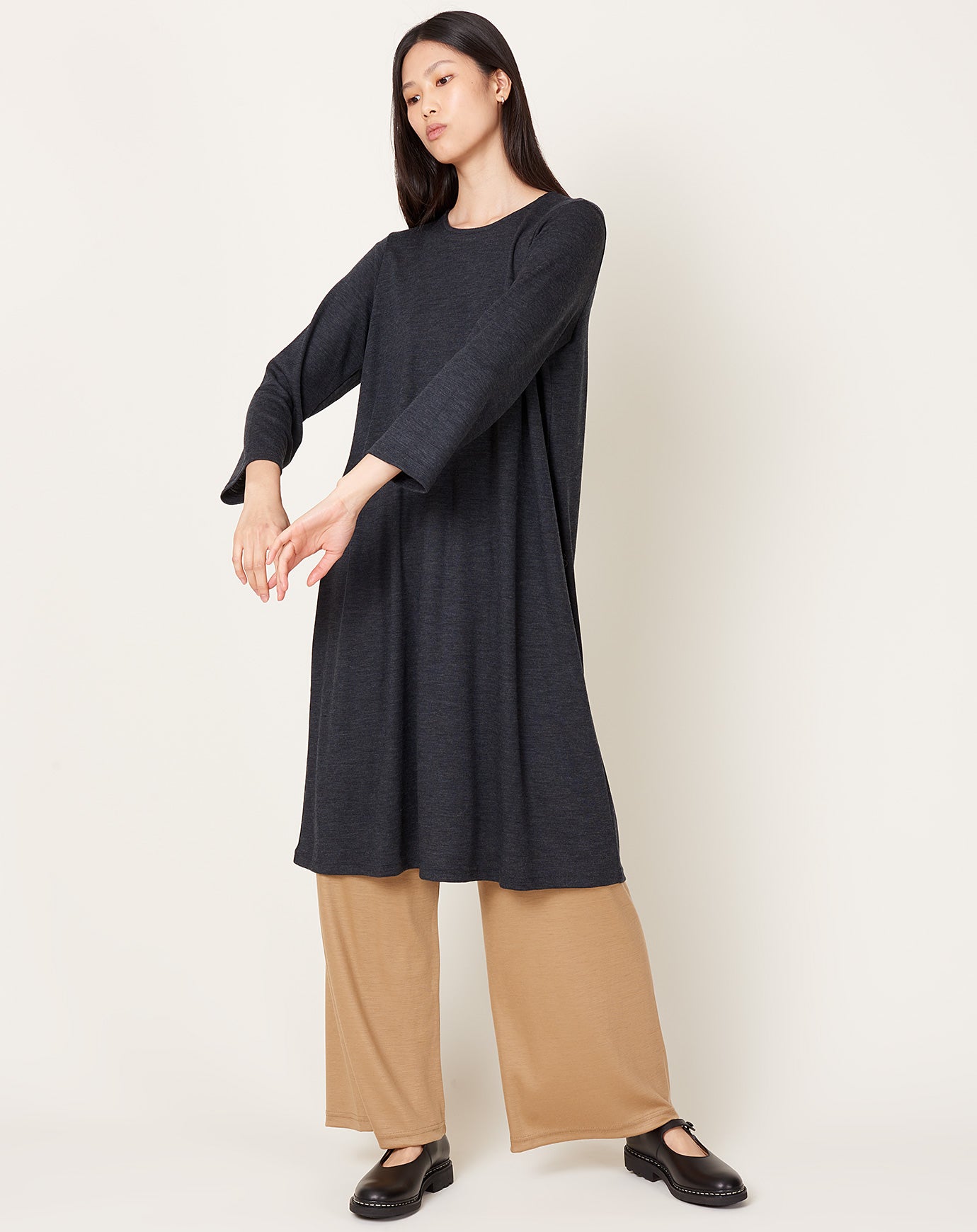 Black Crane Wool Basic Crew Dress in Dark Grey