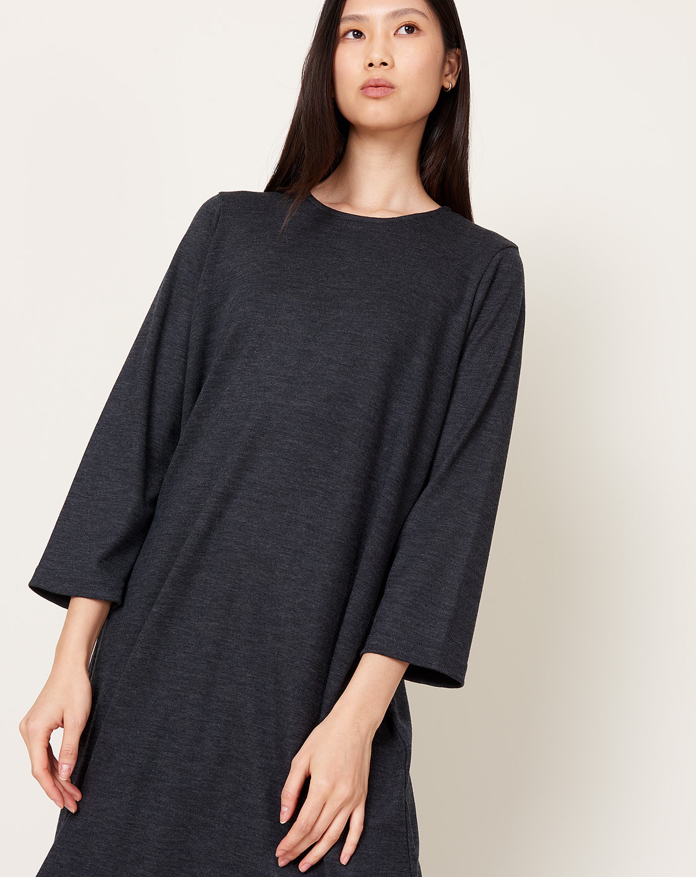 Black Crane Wool Basic Crew Dress in Dark Grey