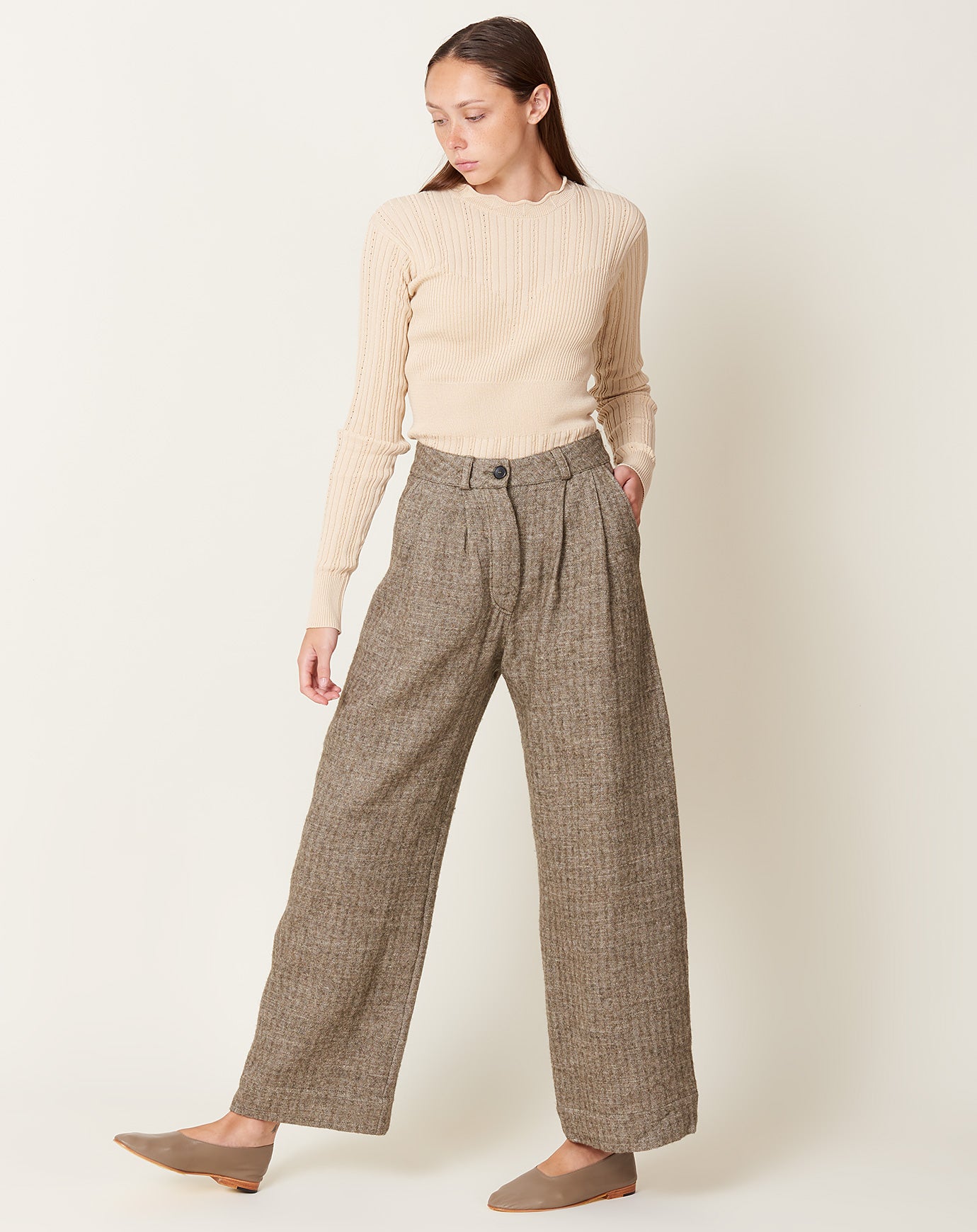 Cawley Japanese Linen Wool Mara Trouser in Natural and Grey