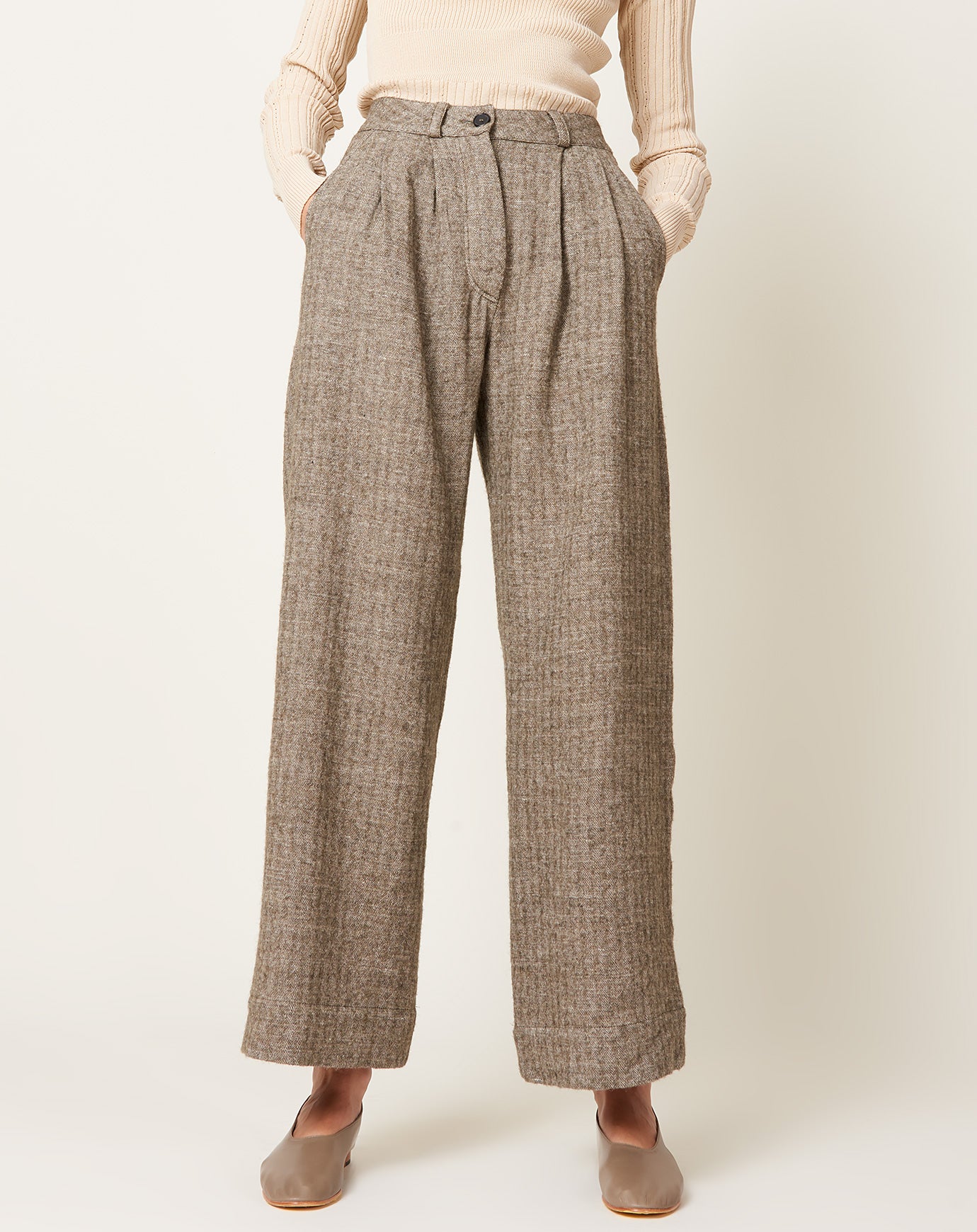 Cawley Japanese Linen Wool Mara Trouser in Natural and Grey