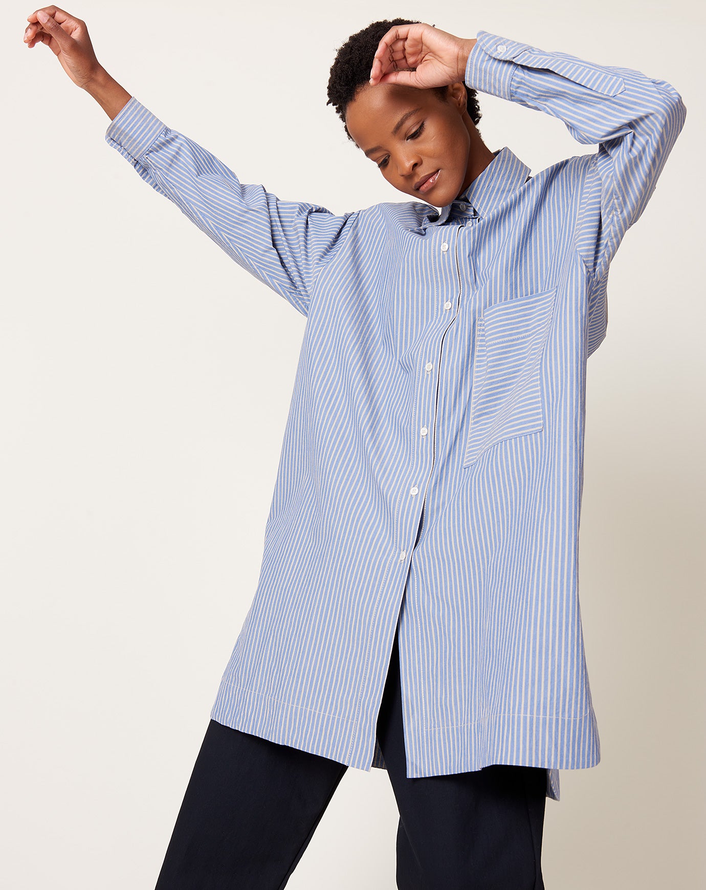 Cawley Japanese Stripe Shirting Big Shirt in Blue & Natural