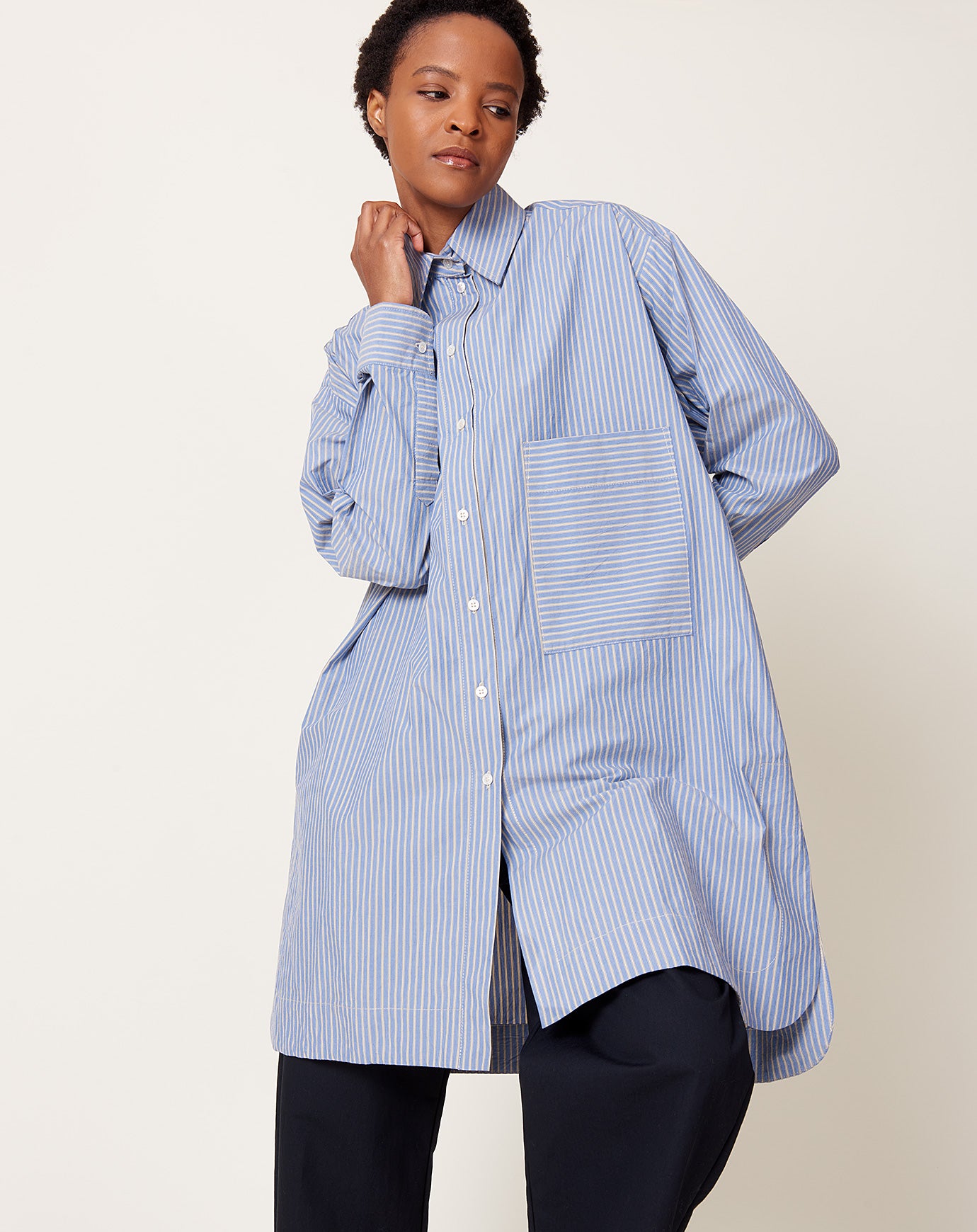 Cawley Japanese Stripe Shirting Big Shirt in Blue & Natural