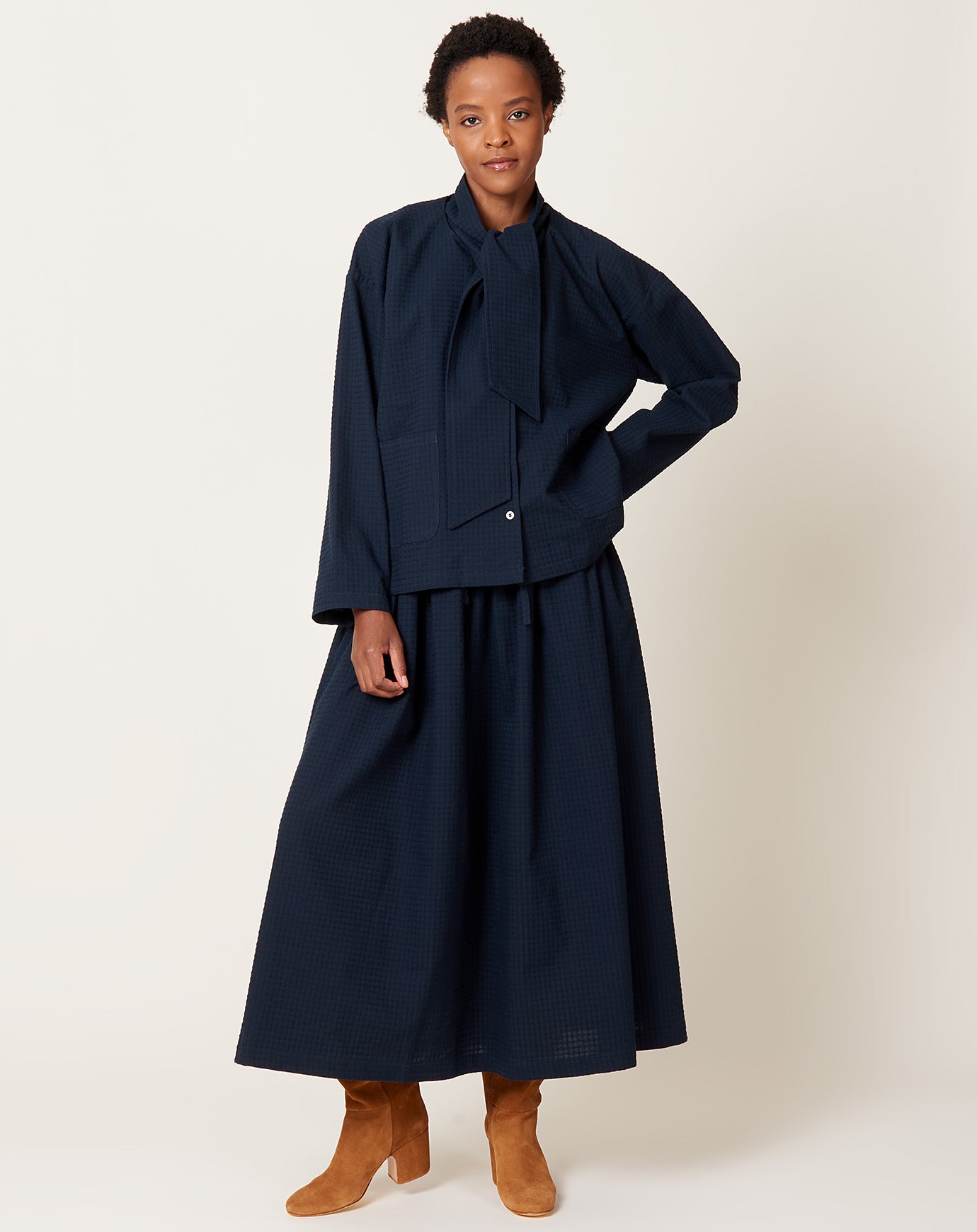 Cawley Japanese Waffle Drawstring Amy Skirt in Dark Navy