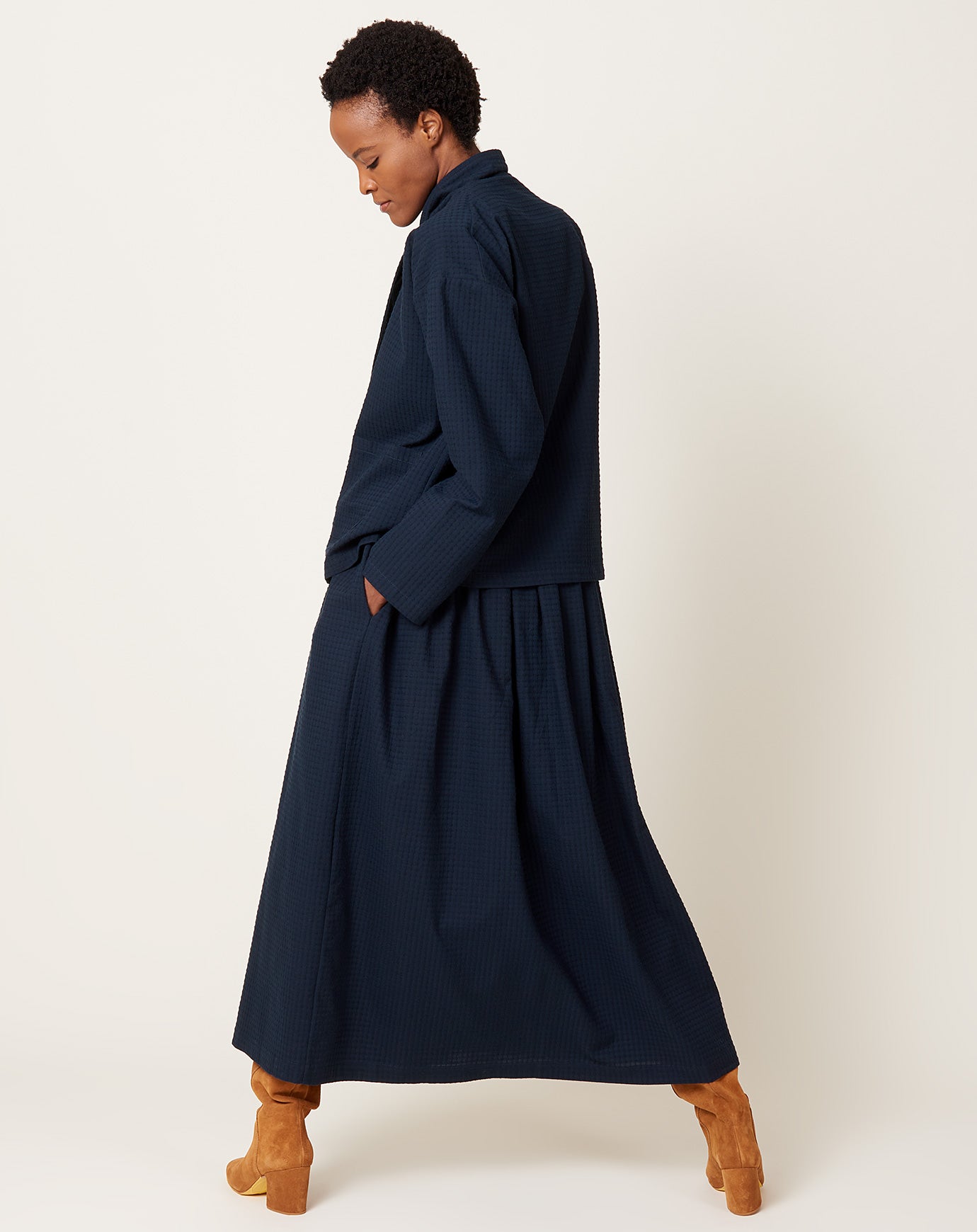 Cawley Japanese Waffle Drawstring Amy Skirt in Dark Navy