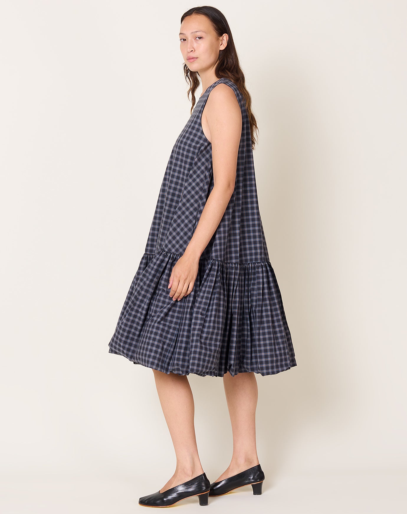 Cordera Checked Balloon Dress in Navy & Orange
