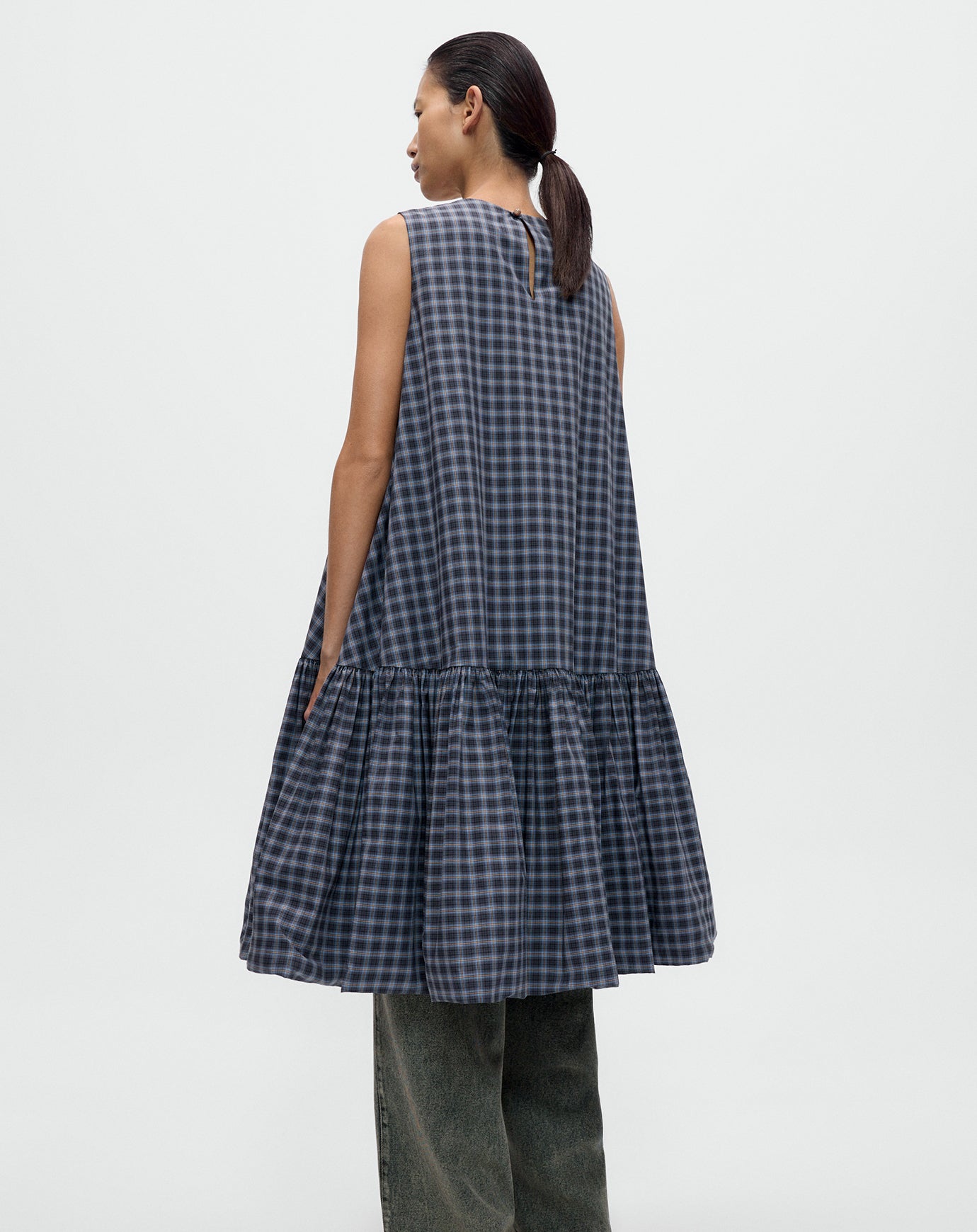 Cordera Checked Balloon Dress in Navy & Orange