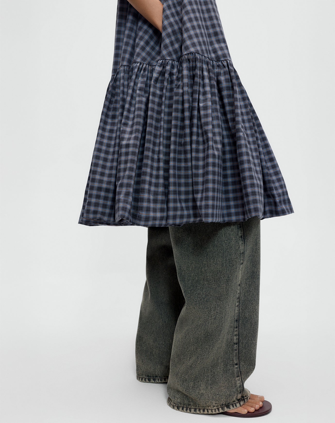Cordera Checked Balloon Dress in Navy & Orange