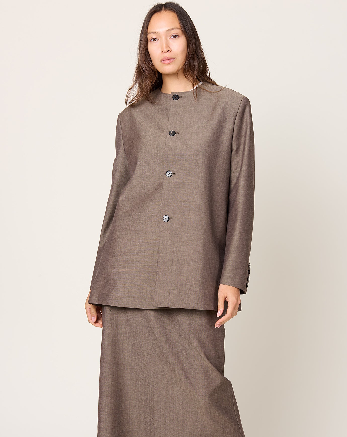 Cordera Round Neck Mohair Blazer in Smoke Brown