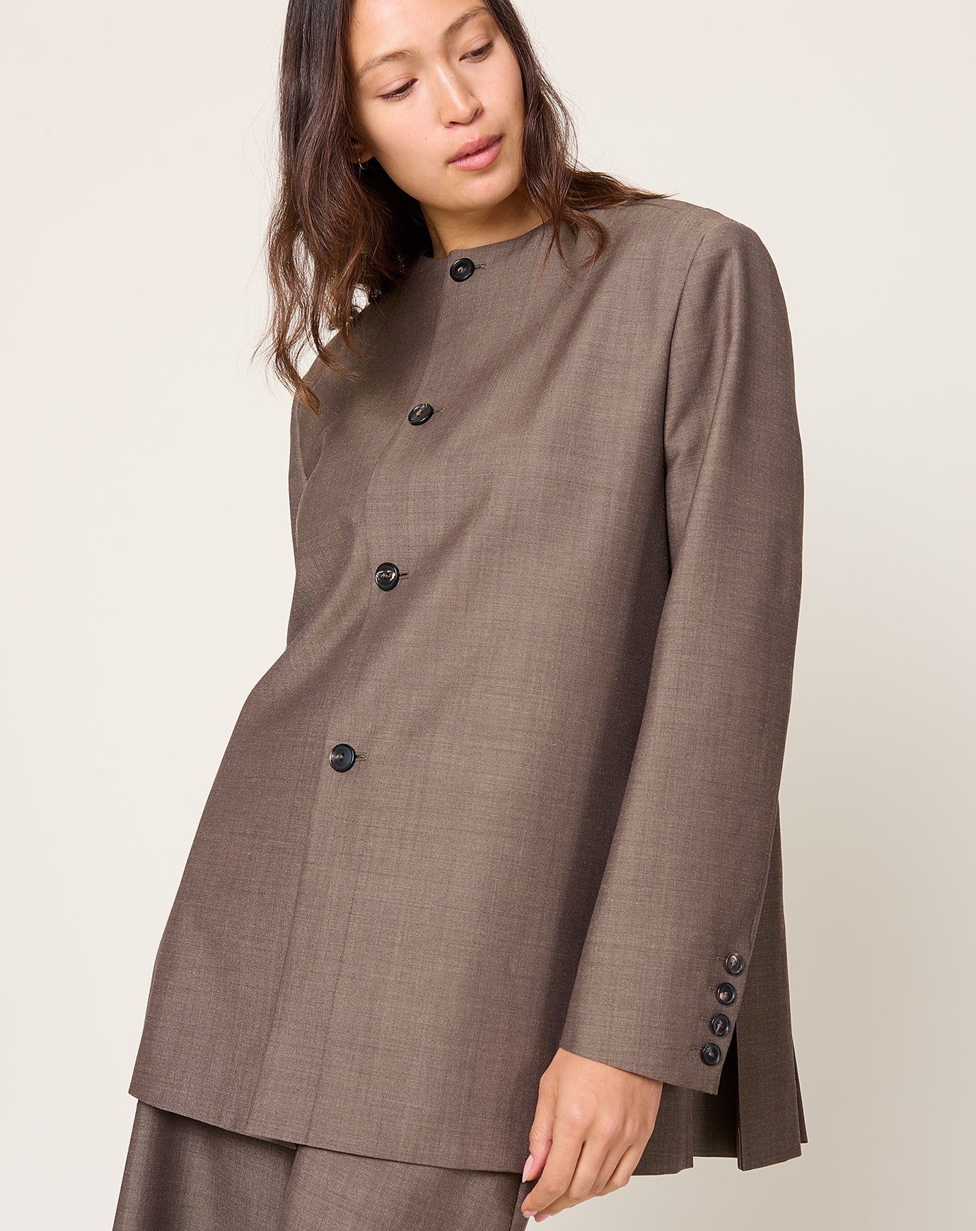 Cordera Round Neck Mohair Blazer in Smoke Brown