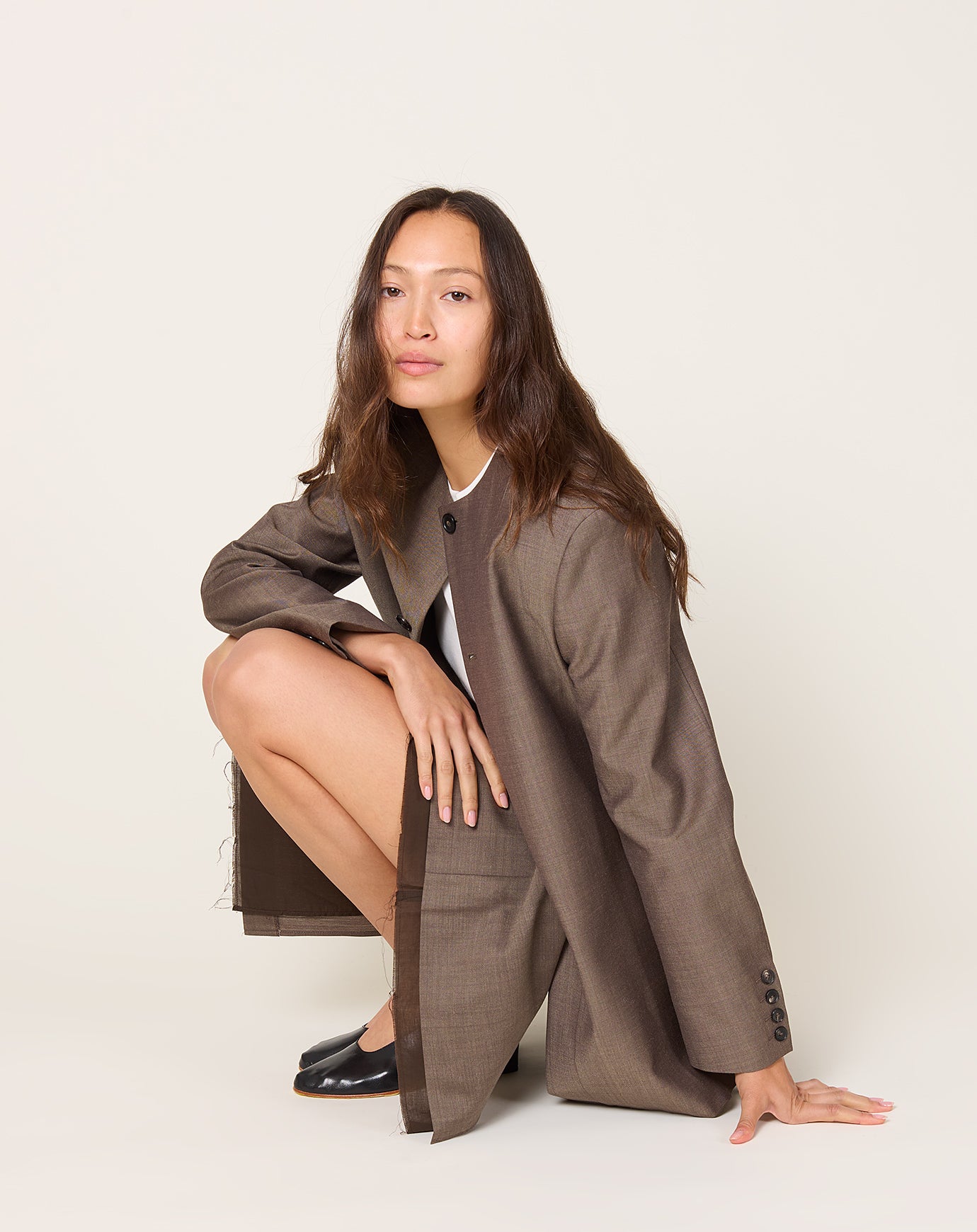 Cordera Round Neck Mohair Blazer in Smoke Brown