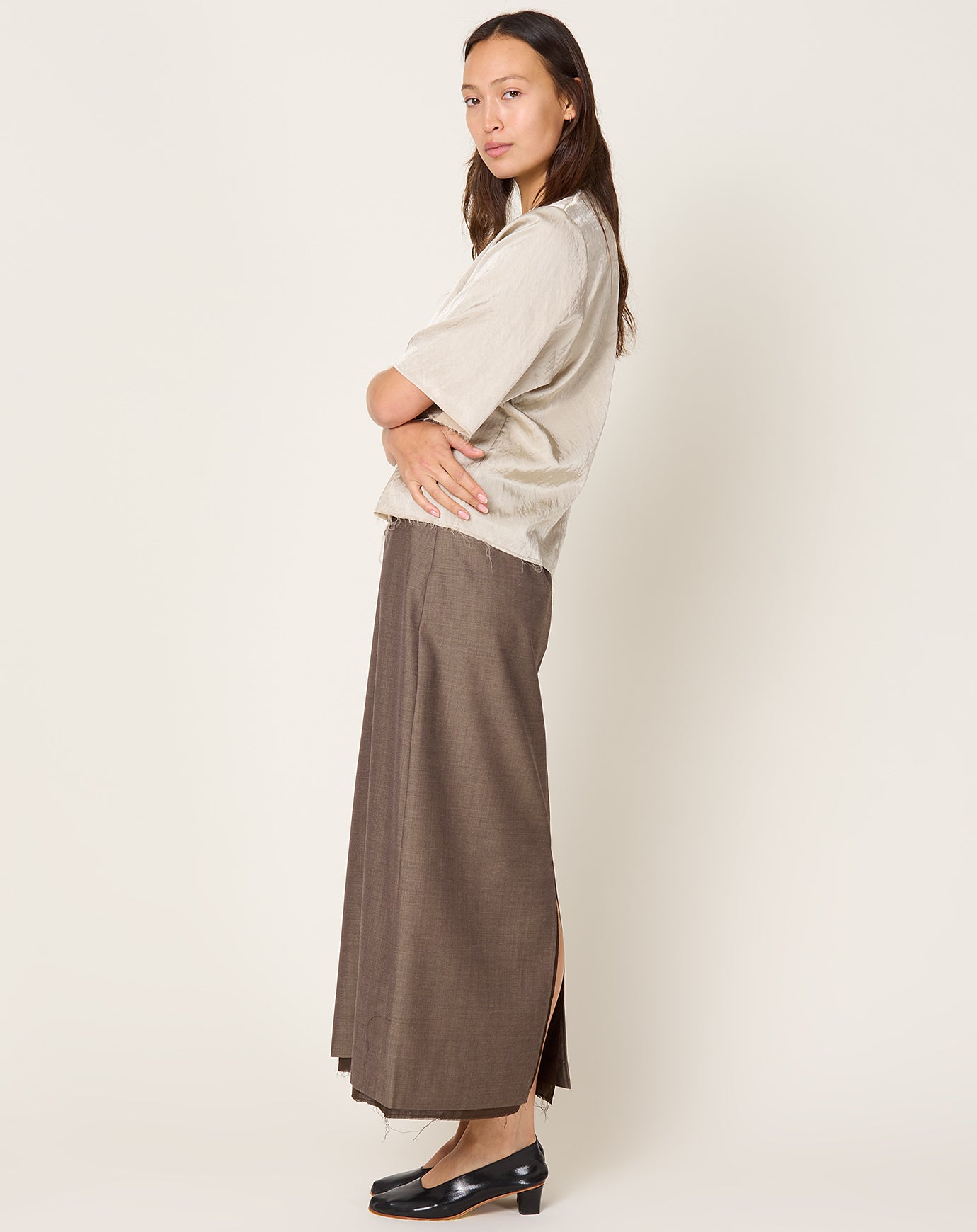 Cordera Tailoring Mohair Long Skirt in Smoke Brown
