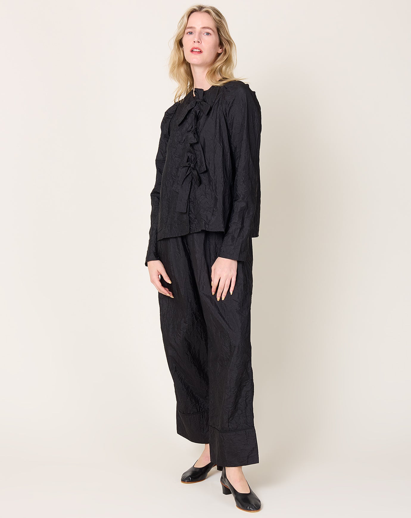 Eleph Bows Shirt in Black Silk Crinkle