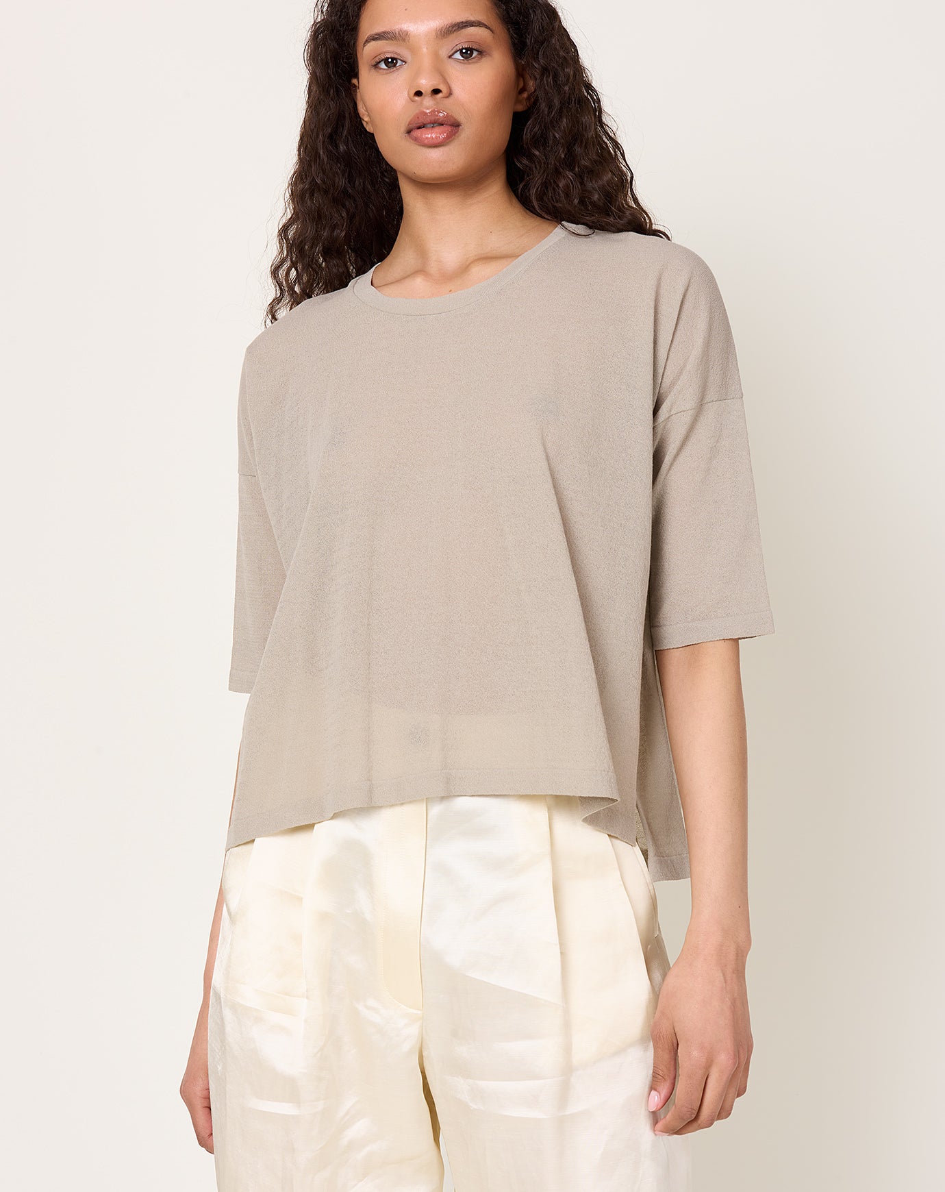 evam eva Cotton Half Sleeve Pullover in Beige