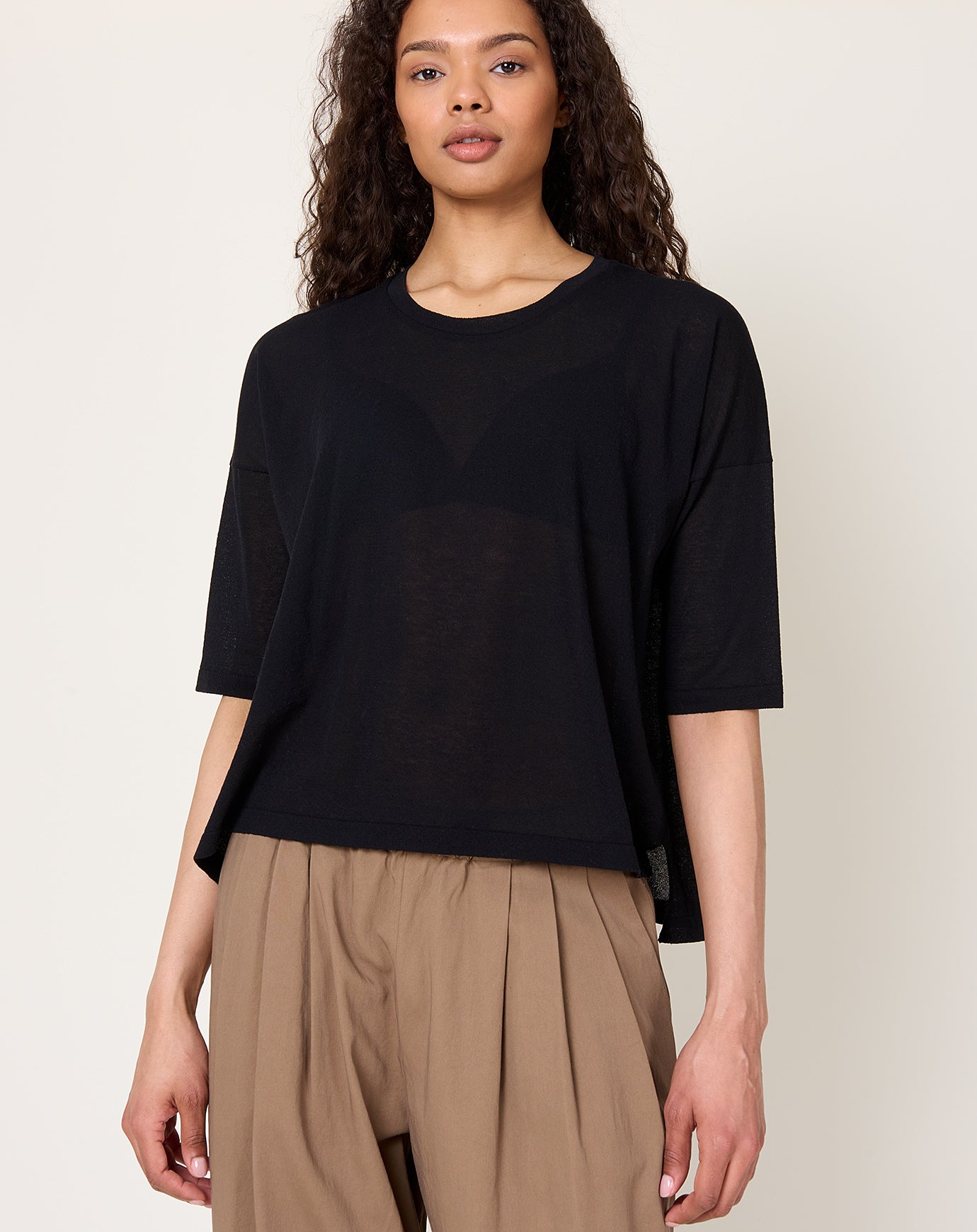evam eva Cotton Half Sleeve Pullover in Black