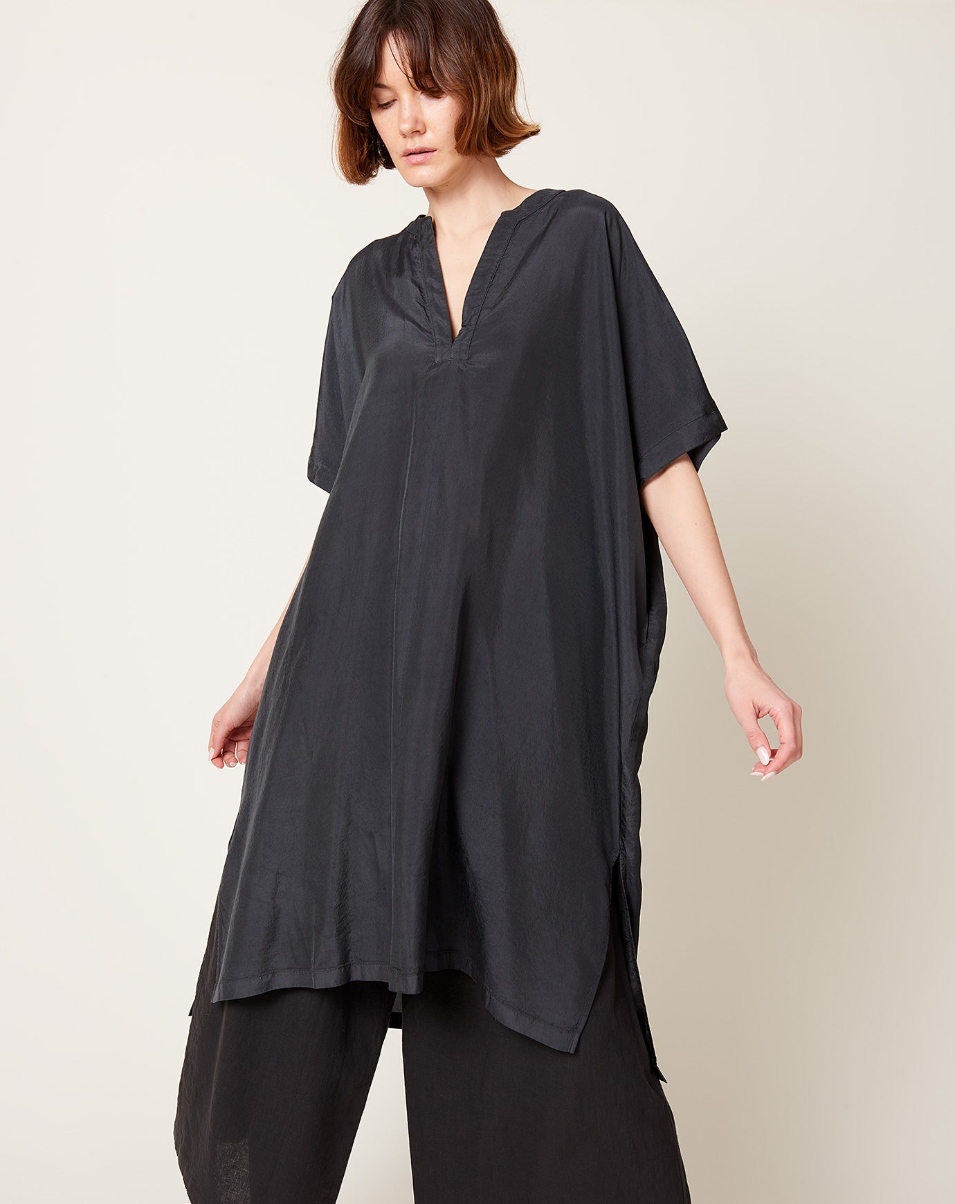 evam eva Cupro Silk Poncho in Stone Grey