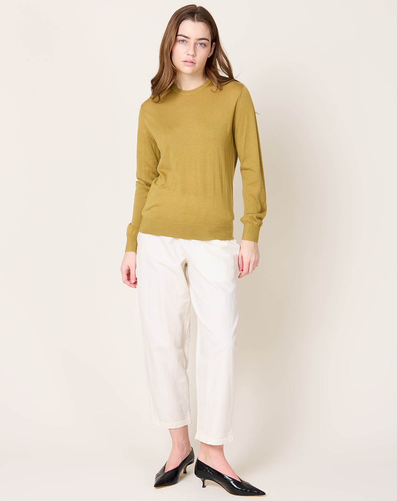 Frenckenberger Cashmere Silk Mini R Neck Sweater in Gold