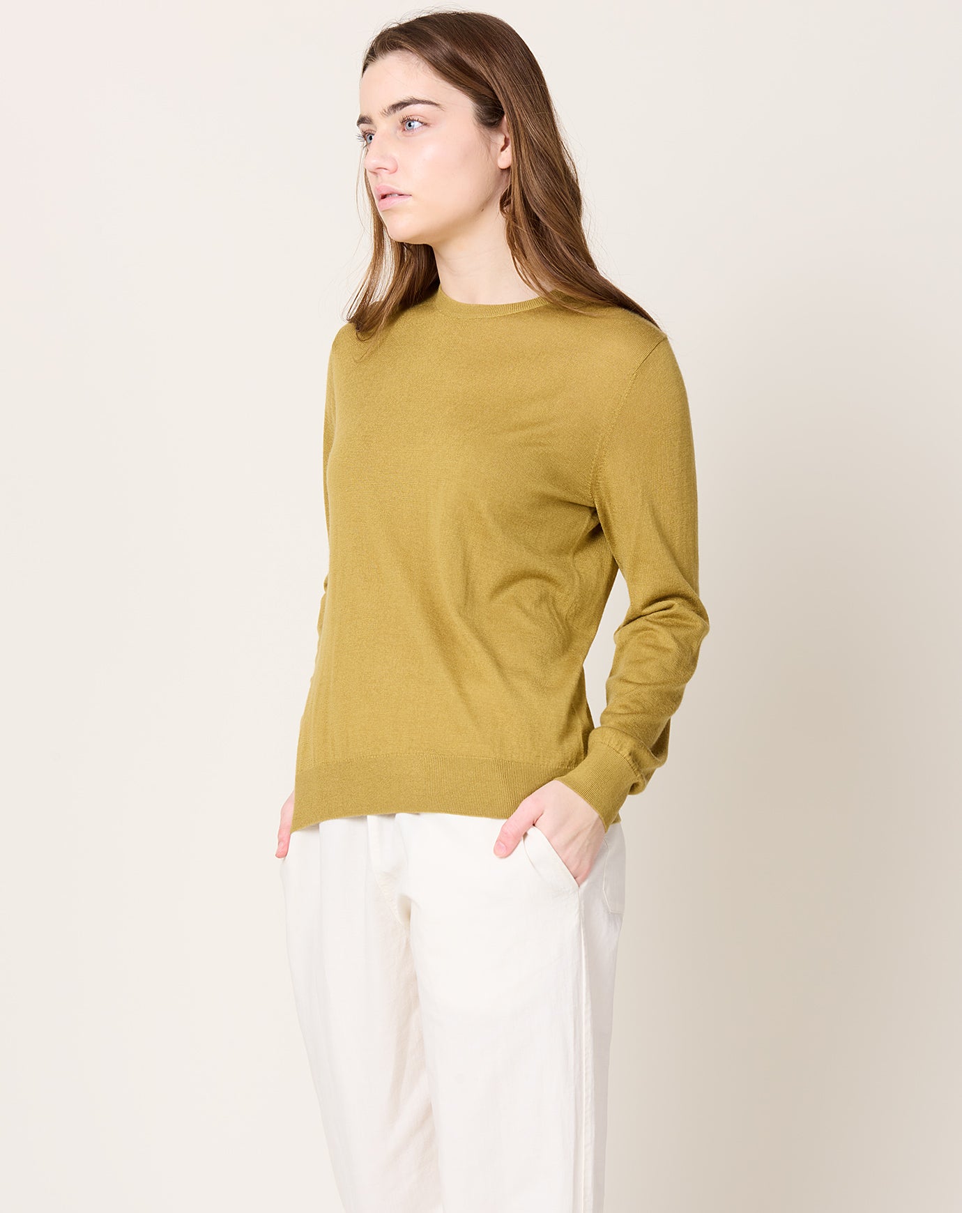 Frenckenberger Cashmere Silk Mini R Neck Sweater in Gold