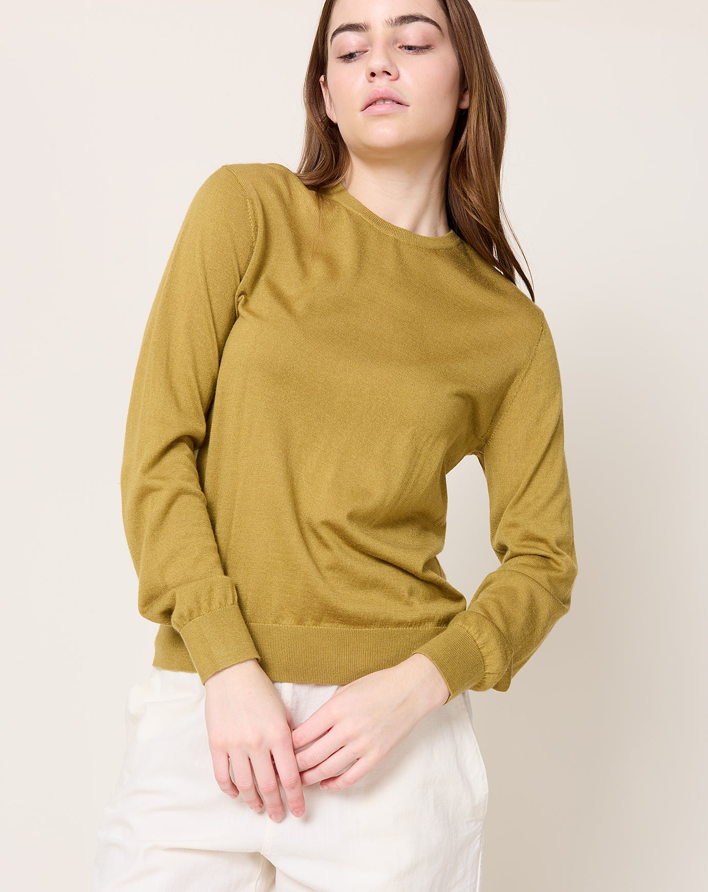 Frenckenberger Cashmere Silk Mini R Neck Sweater in Gold