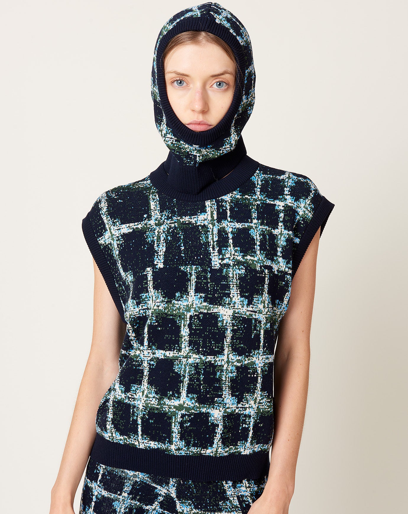 Henrik Vibskov Dusk Knit Balaclava in Black Shibori Checks