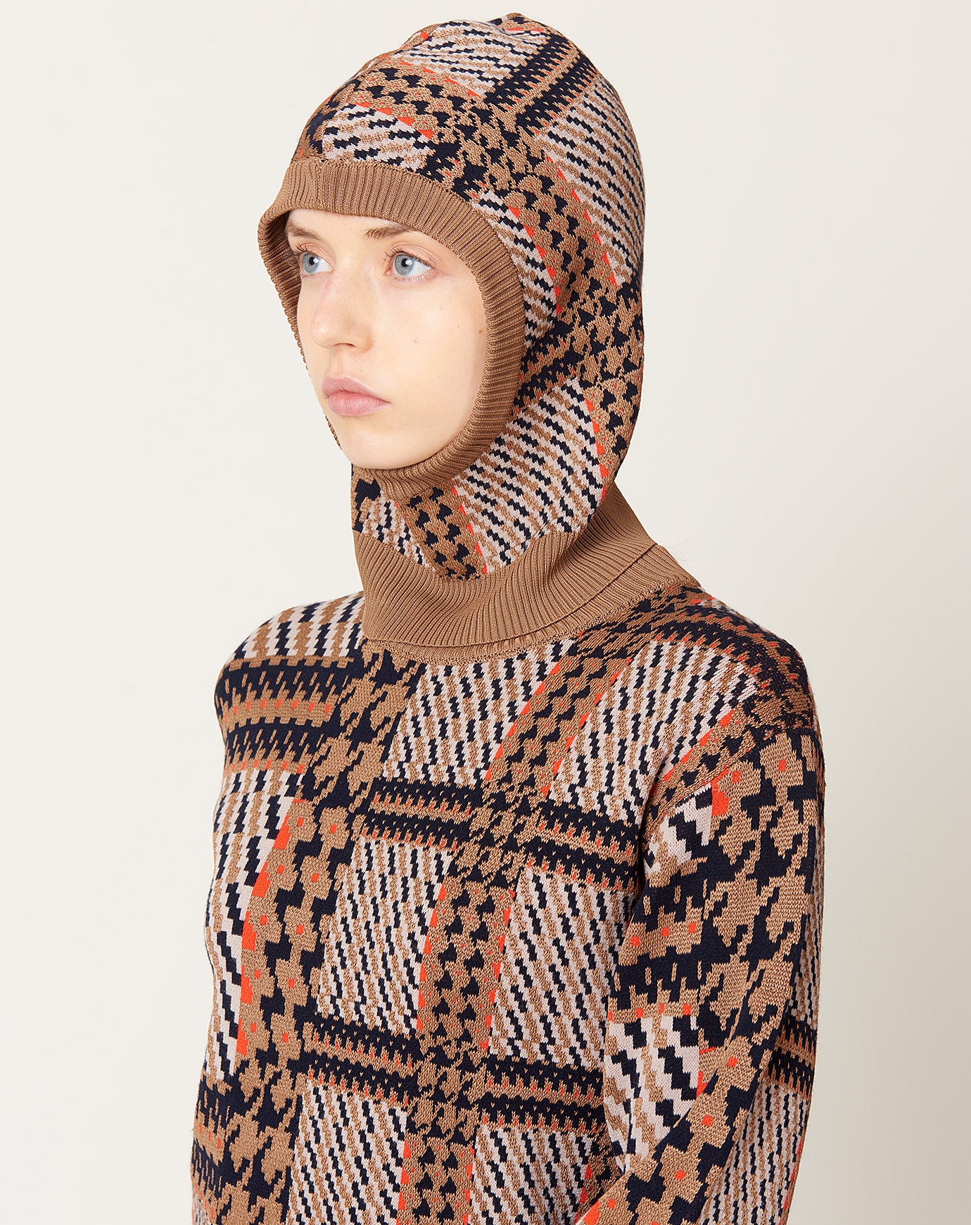 Henrik Vibskov Dusk Knit Balaclava in Orange Mixed Checks