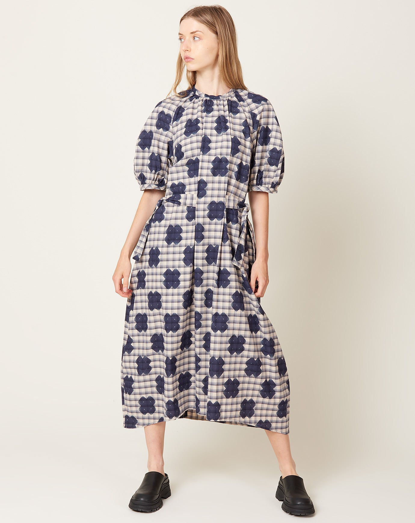 Henrik Vibskov Gambit Dress in Blue White Checks Cross Print