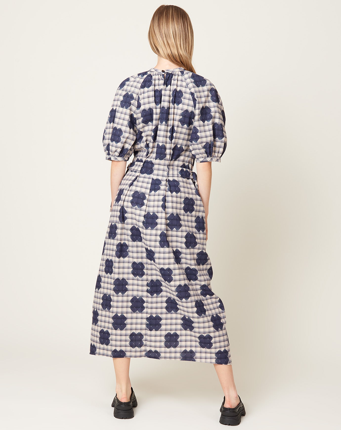 Henrik Vibskov Gambit Dress in Blue White Checks Cross Print