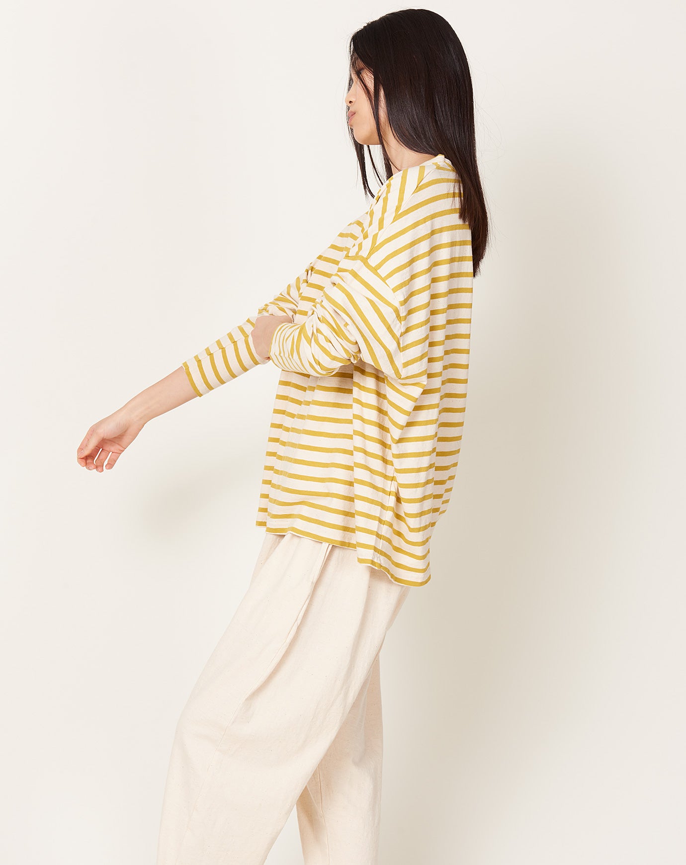 Ichi Antiquités Striped Loose Pullover in Mustard & Natural