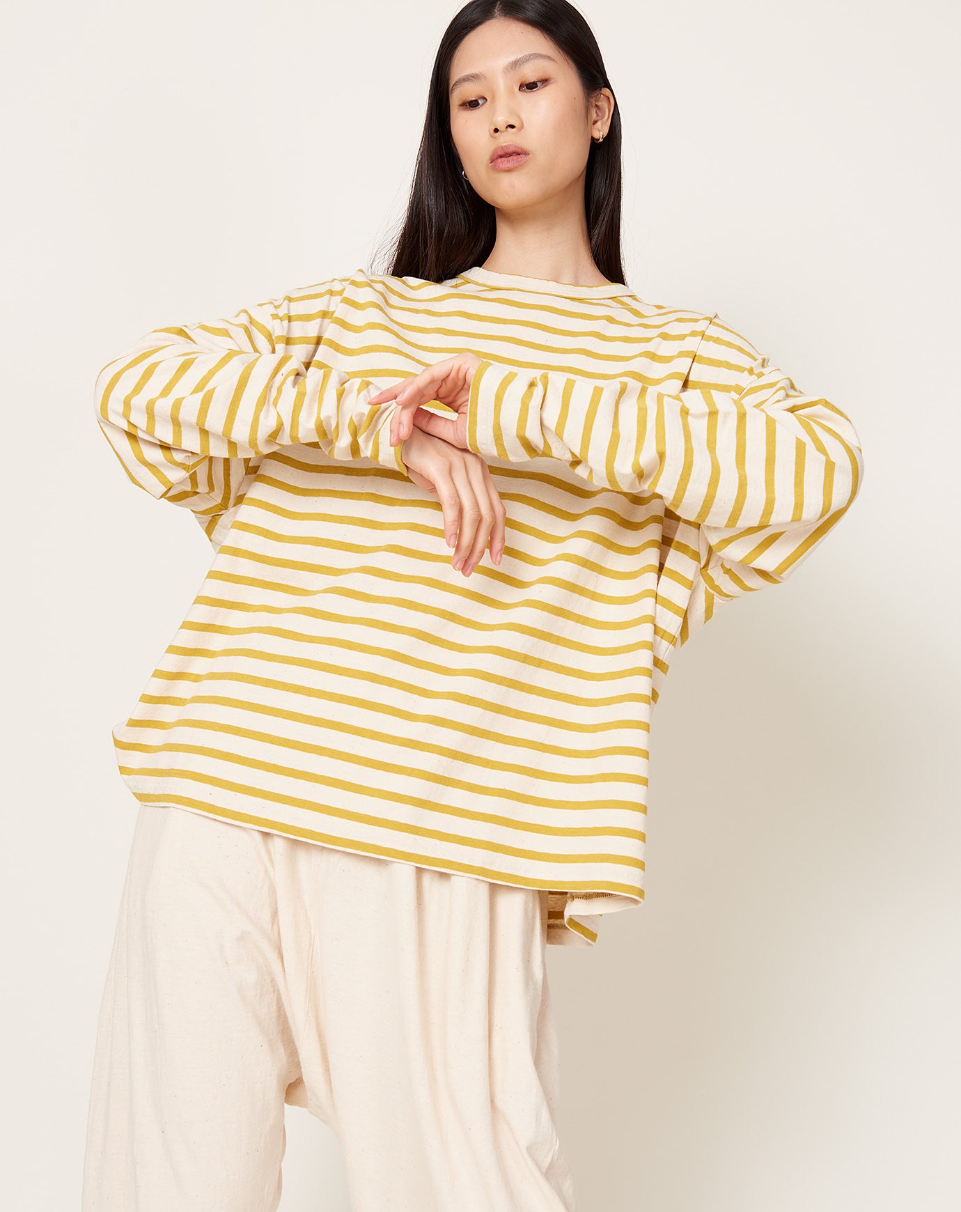 Ichi Antiquités Striped Loose Pullover in Mustard & Natural